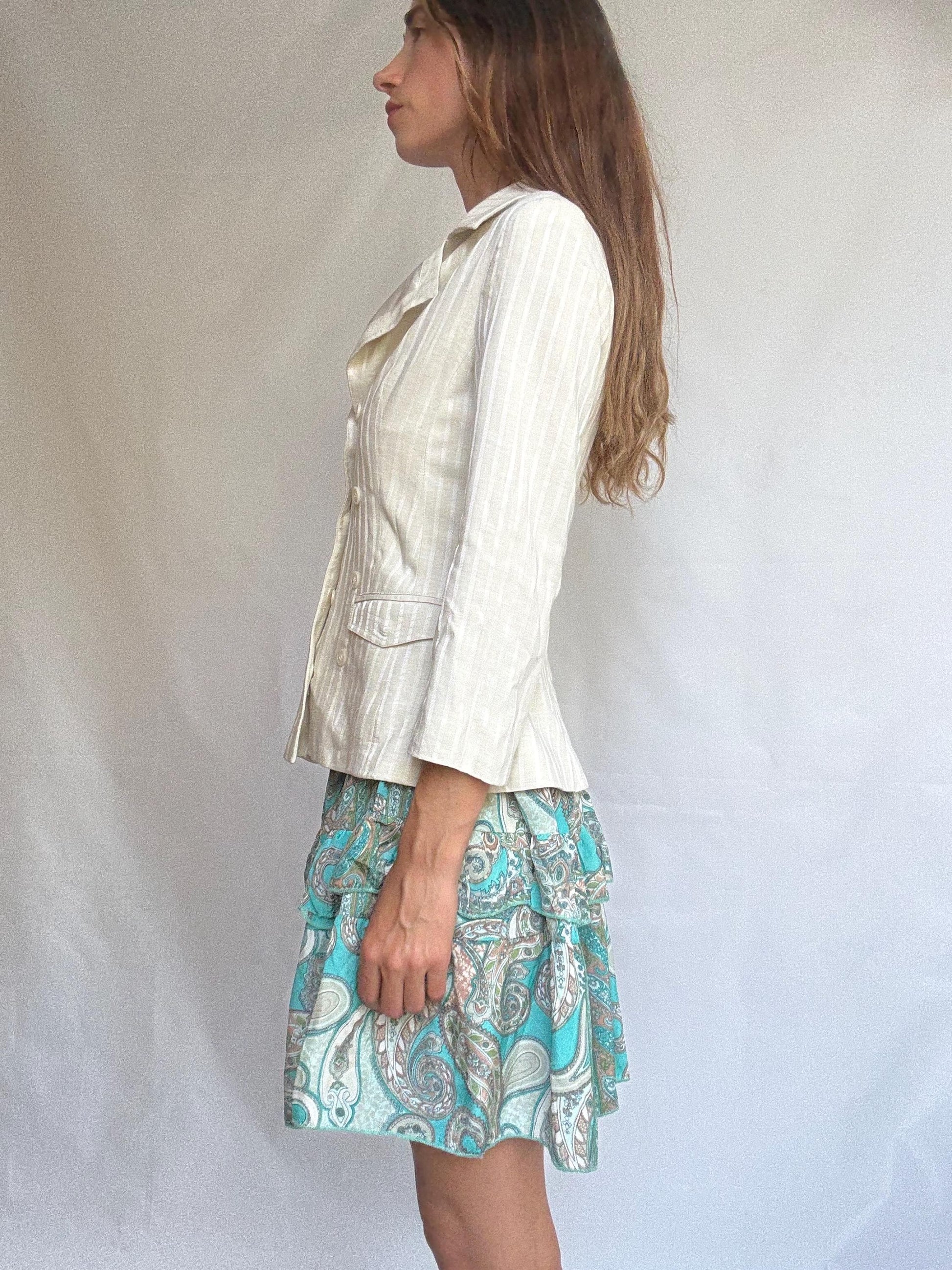 Chic ivory striped blazer with double-breasted buttons, tailored neutral jacket with light structure