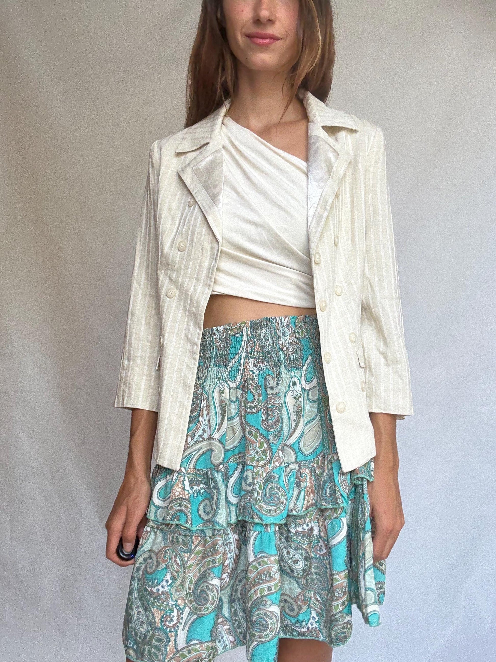 Chic ivory striped blazer with double-breasted buttons, tailored neutral jacket with light structure