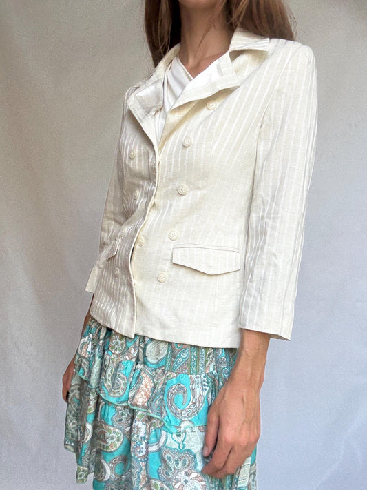 Chic ivory striped blazer with double-breasted buttons, tailored neutral jacket with light structure