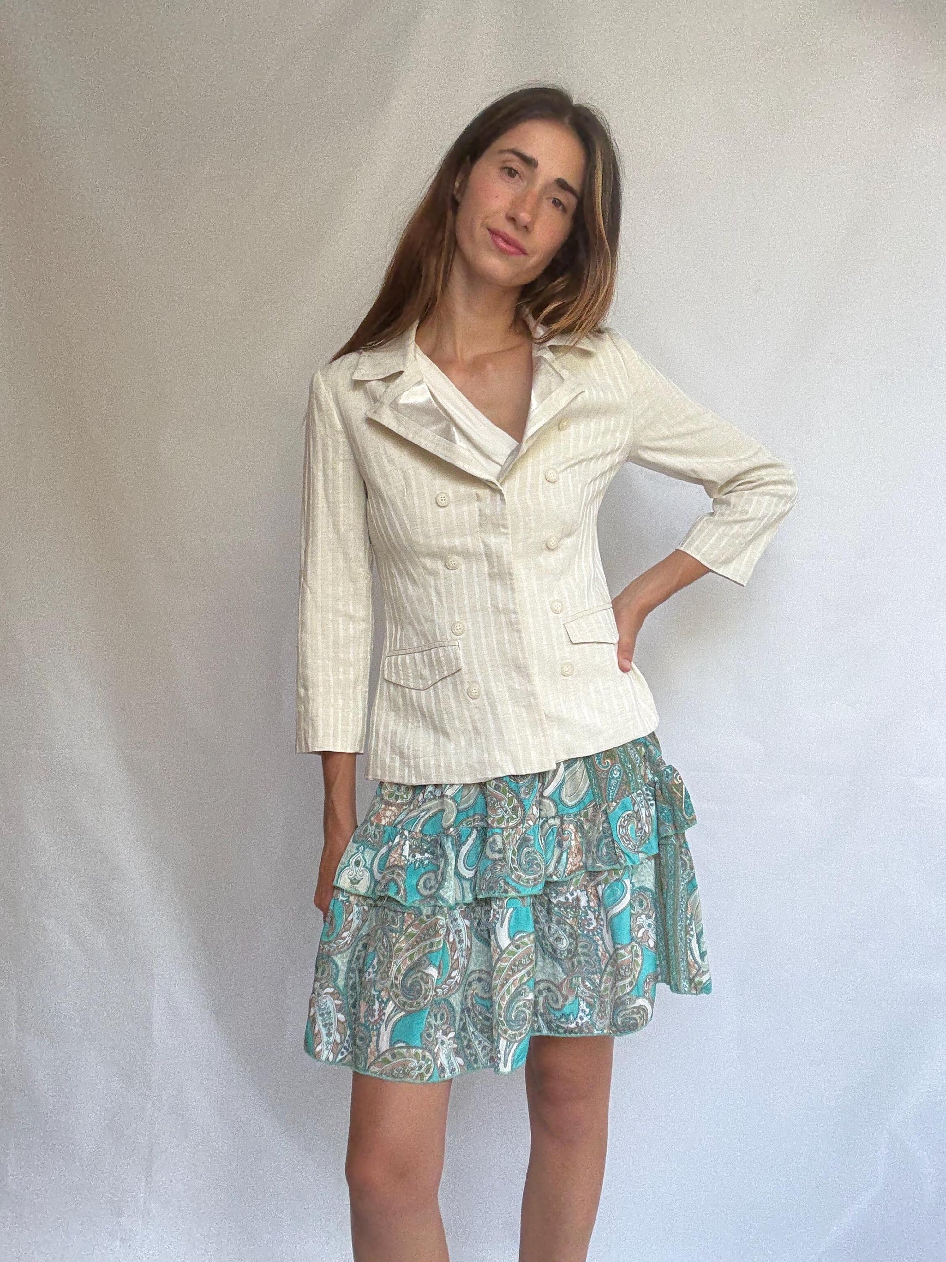 Chic ivory striped blazer with double-breasted buttons, tailored neutral jacket with light structure