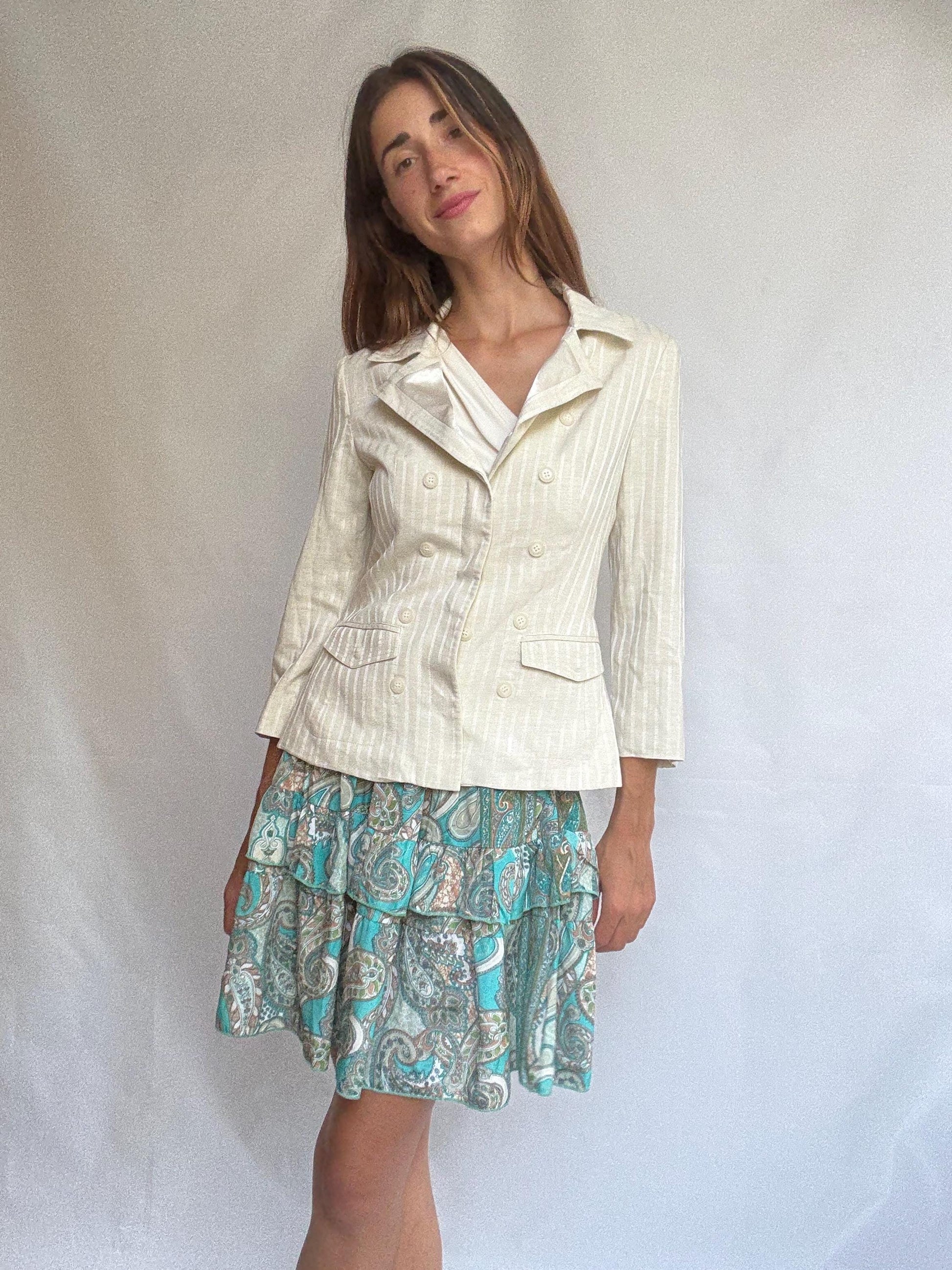 Chic ivory striped blazer with double-breasted buttons, tailored neutral jacket with light structure