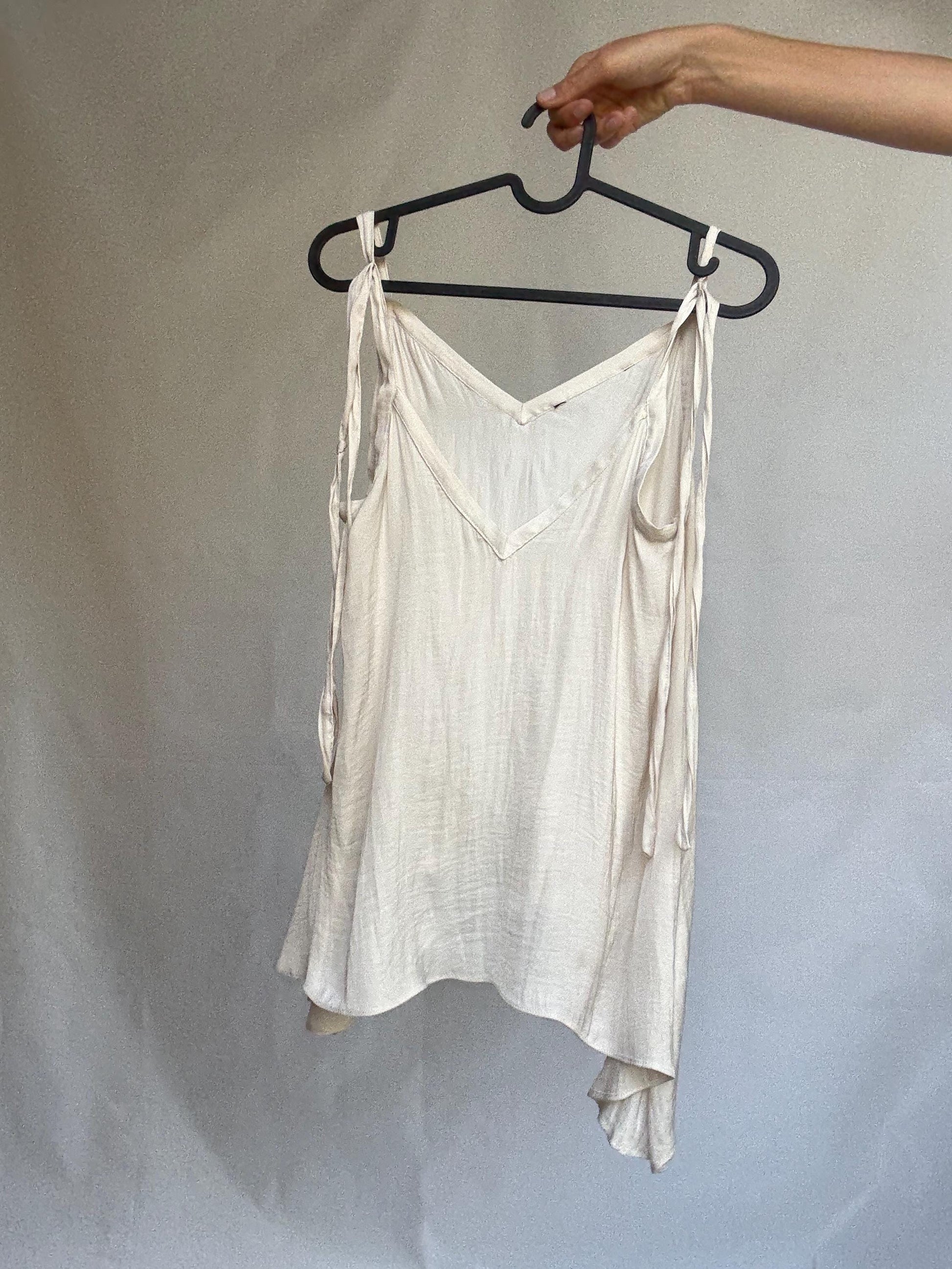 Cream wrap-style tie top in soft viscose feel, handmade adjustable blouse with draped cut, lightweight layering piece