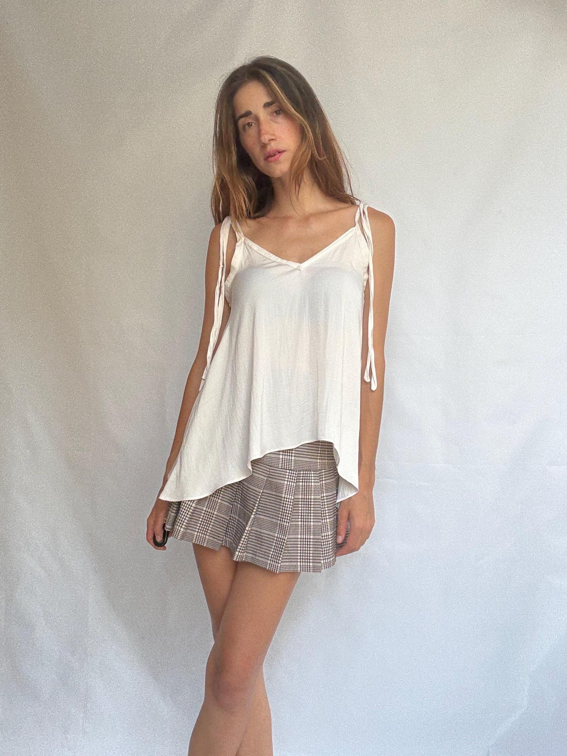 Cream wrap-style tie top in soft viscose feel, handmade adjustable blouse with draped cut, lightweight layering piece