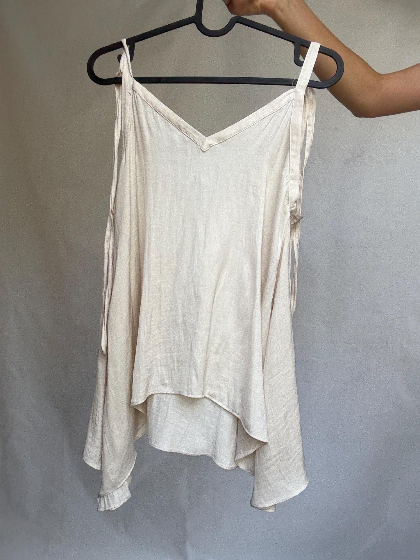 Cream wrap-style tie top in soft viscose feel, handmade adjustable blouse with draped cut, lightweight layering piece
