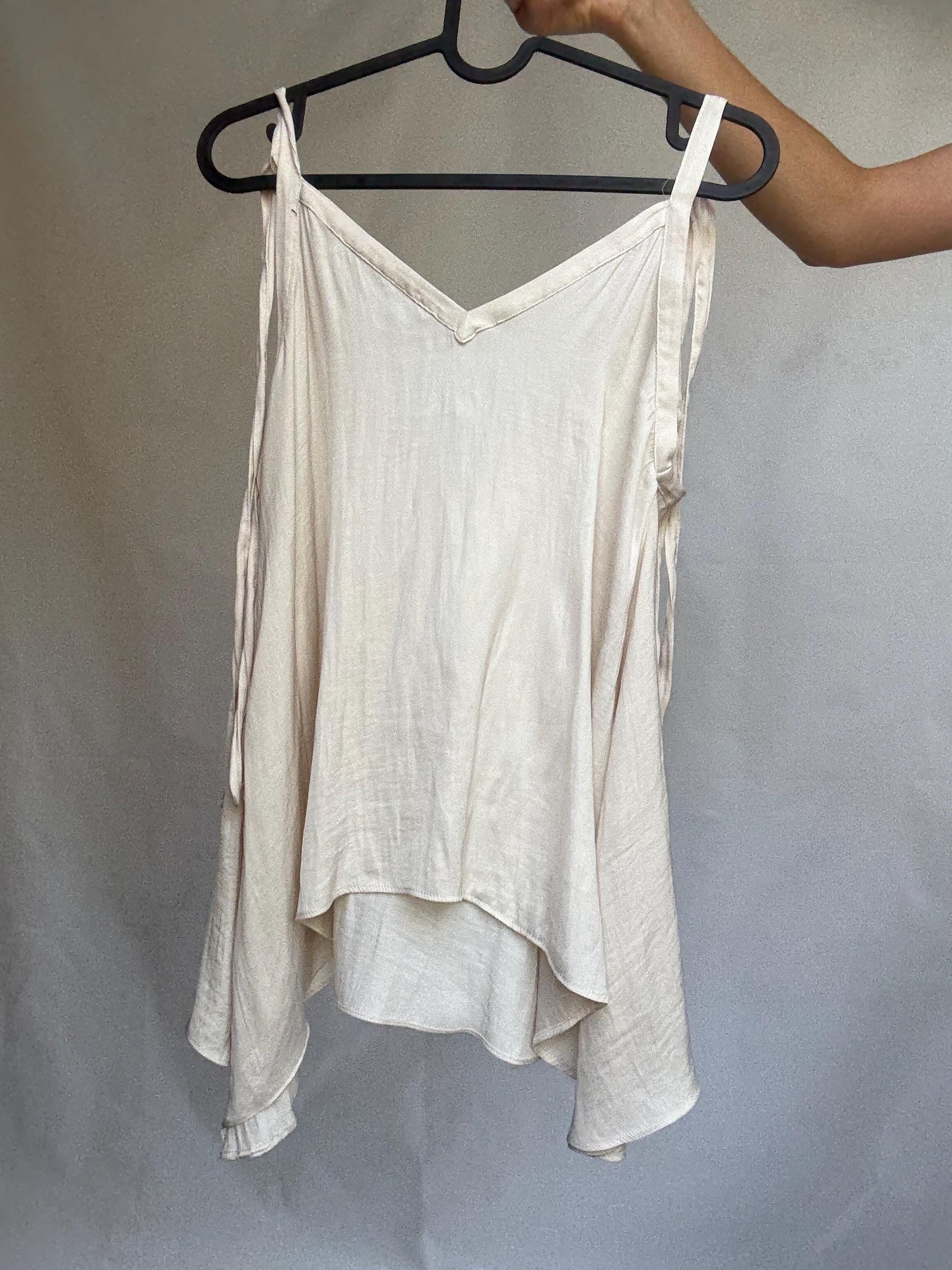 Cream wrap-style tie top in soft viscose feel, handmade adjustable blouse with draped cut, lightweight layering piece
