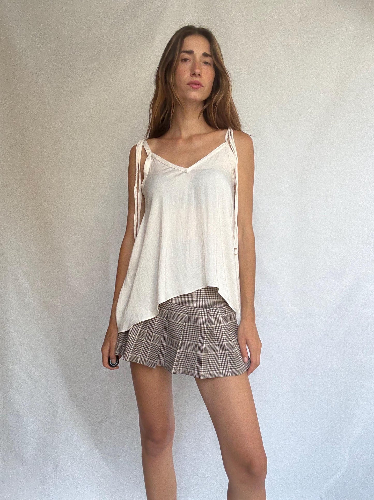 Cream wrap-style tie top in soft viscose feel, handmade adjustable blouse with draped cut, lightweight layering piece