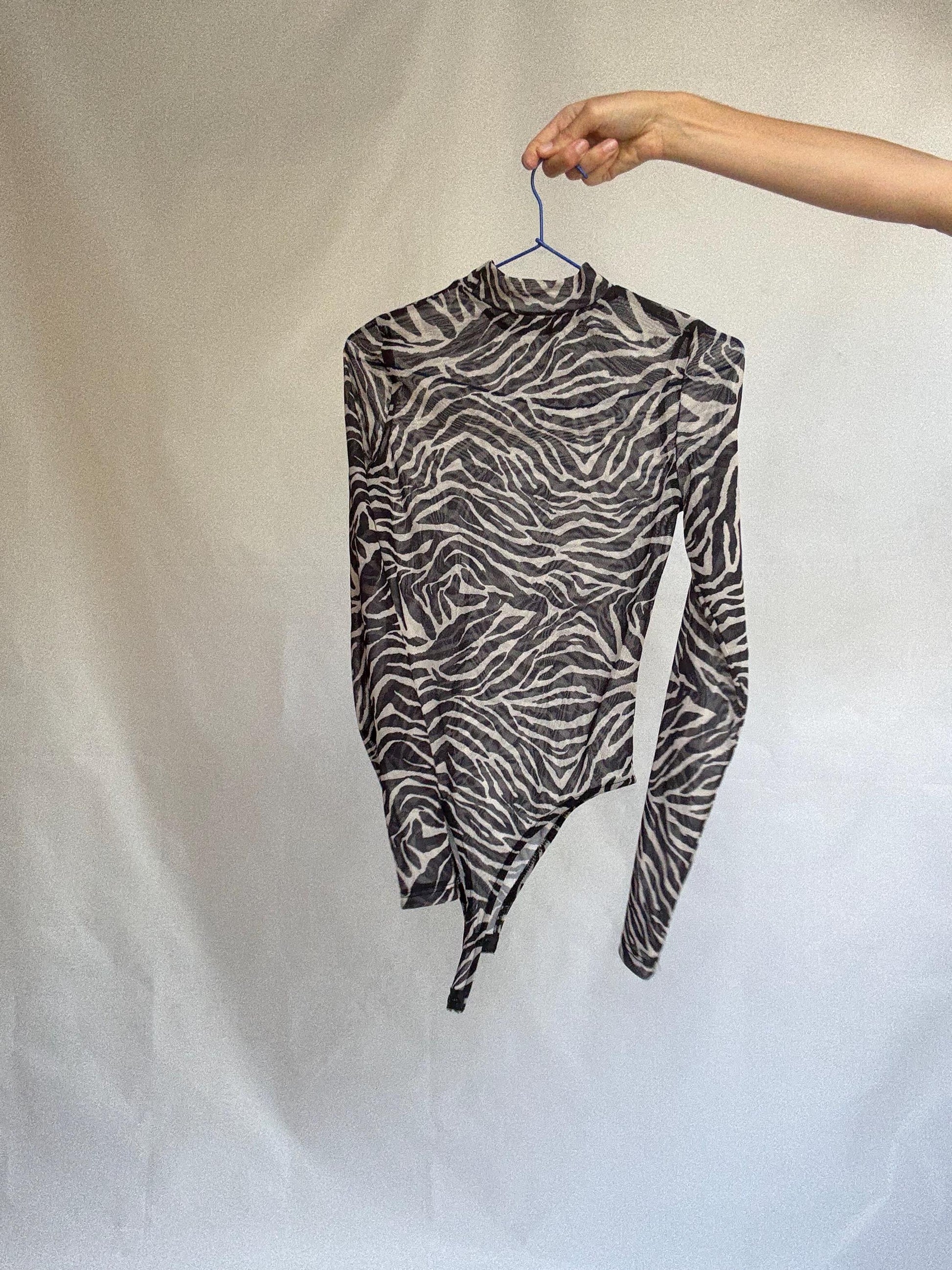 Sheer mesh zebra print bodysuit – long sleeve animal print one piece – high cut transparent top – edgy festival or layering piece
