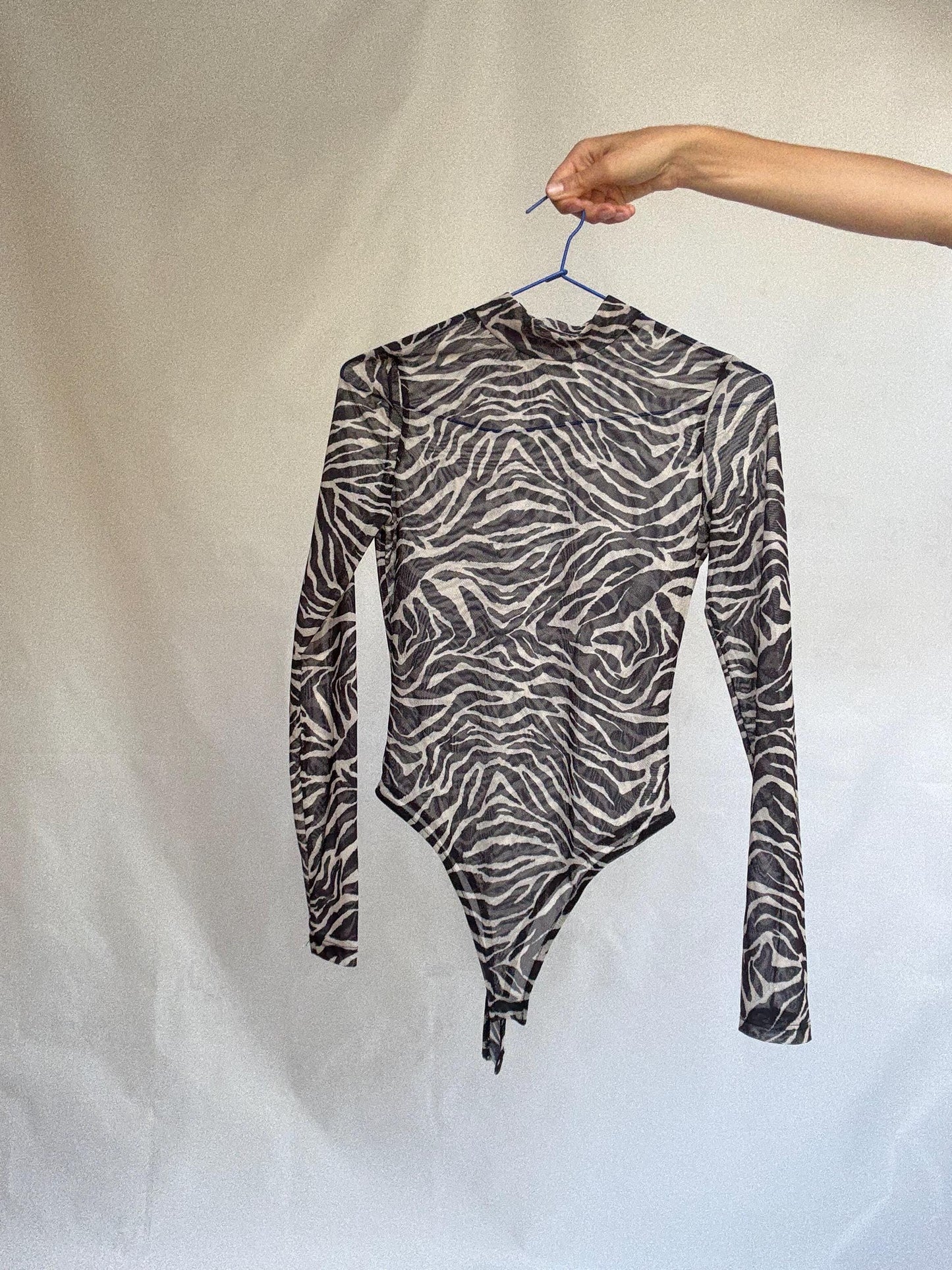 Sheer mesh zebra print bodysuit – long sleeve animal print one piece – high cut transparent top – edgy festival or layering piece