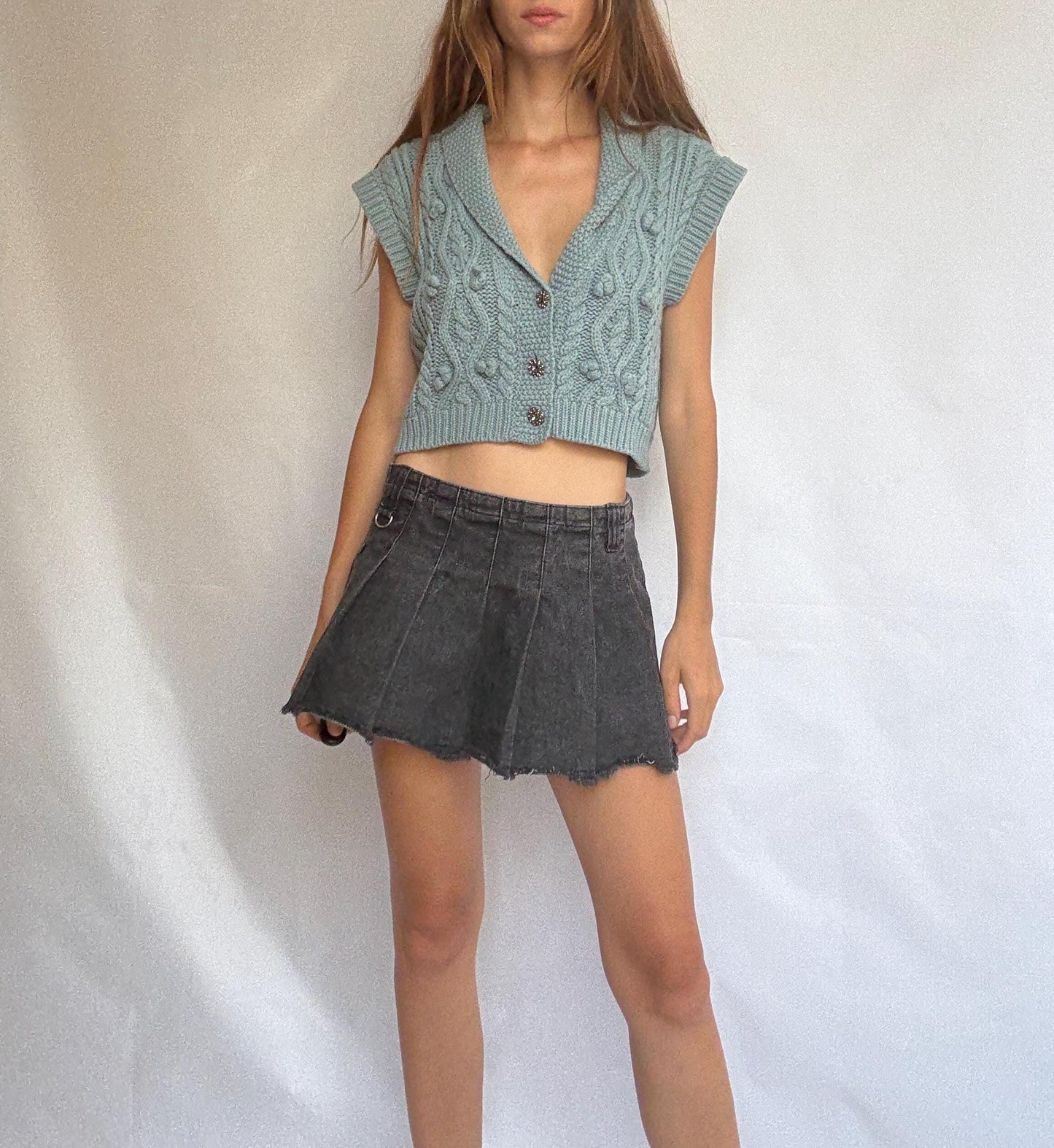 Soft knit cable vest with buttons, cropped cap sleeve sweater top, pale blue preppy core layering piece