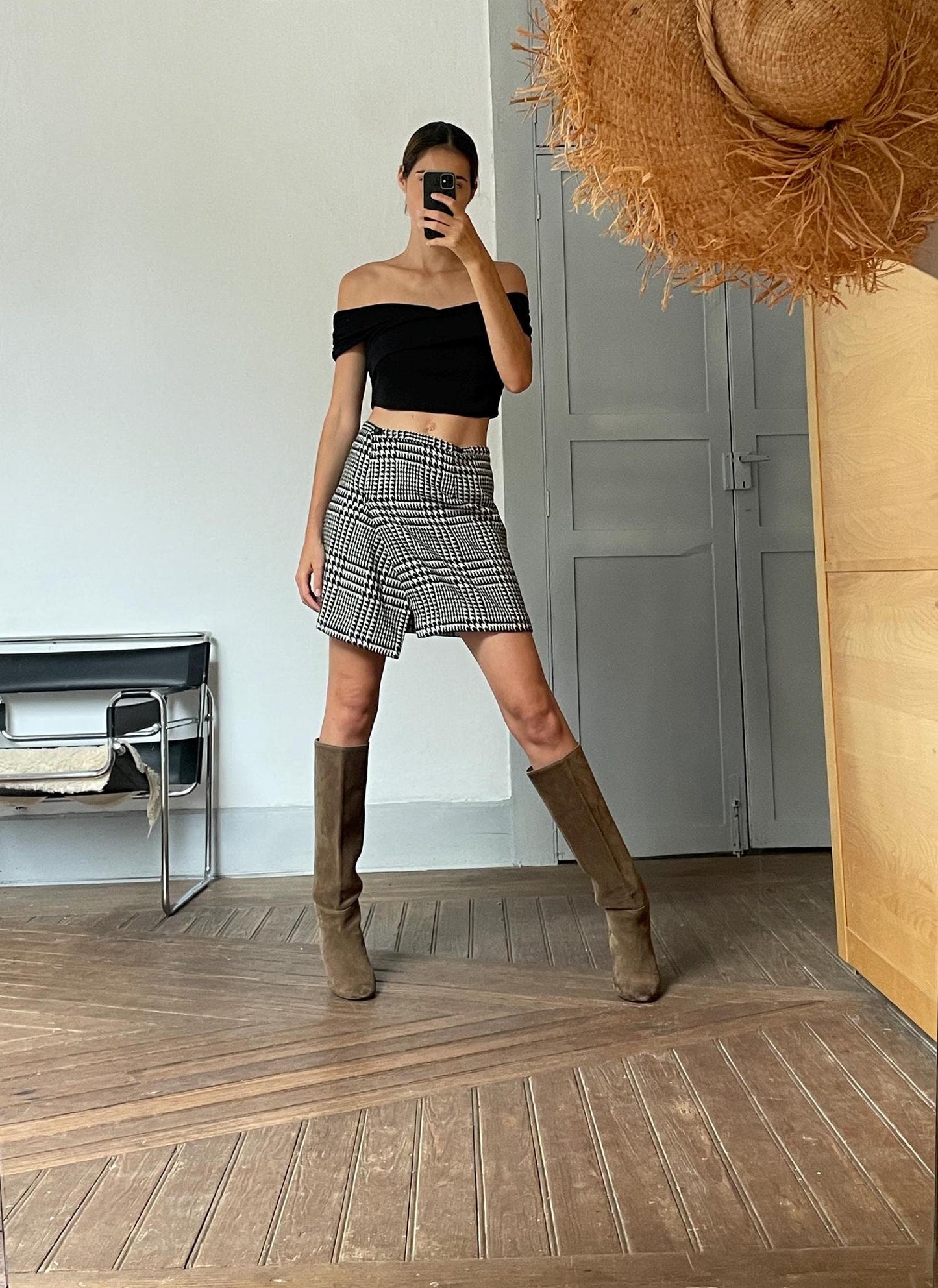 Vintage French houndstooth wool mini skirt, Unique tartan black and white winter skirt