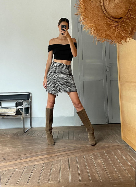 Vintage French houndstooth wool mini skirt, Unique tartan black and white winter skirt