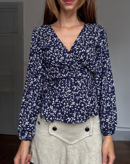 Navy Floral Wrap Blouse — fabric close-up