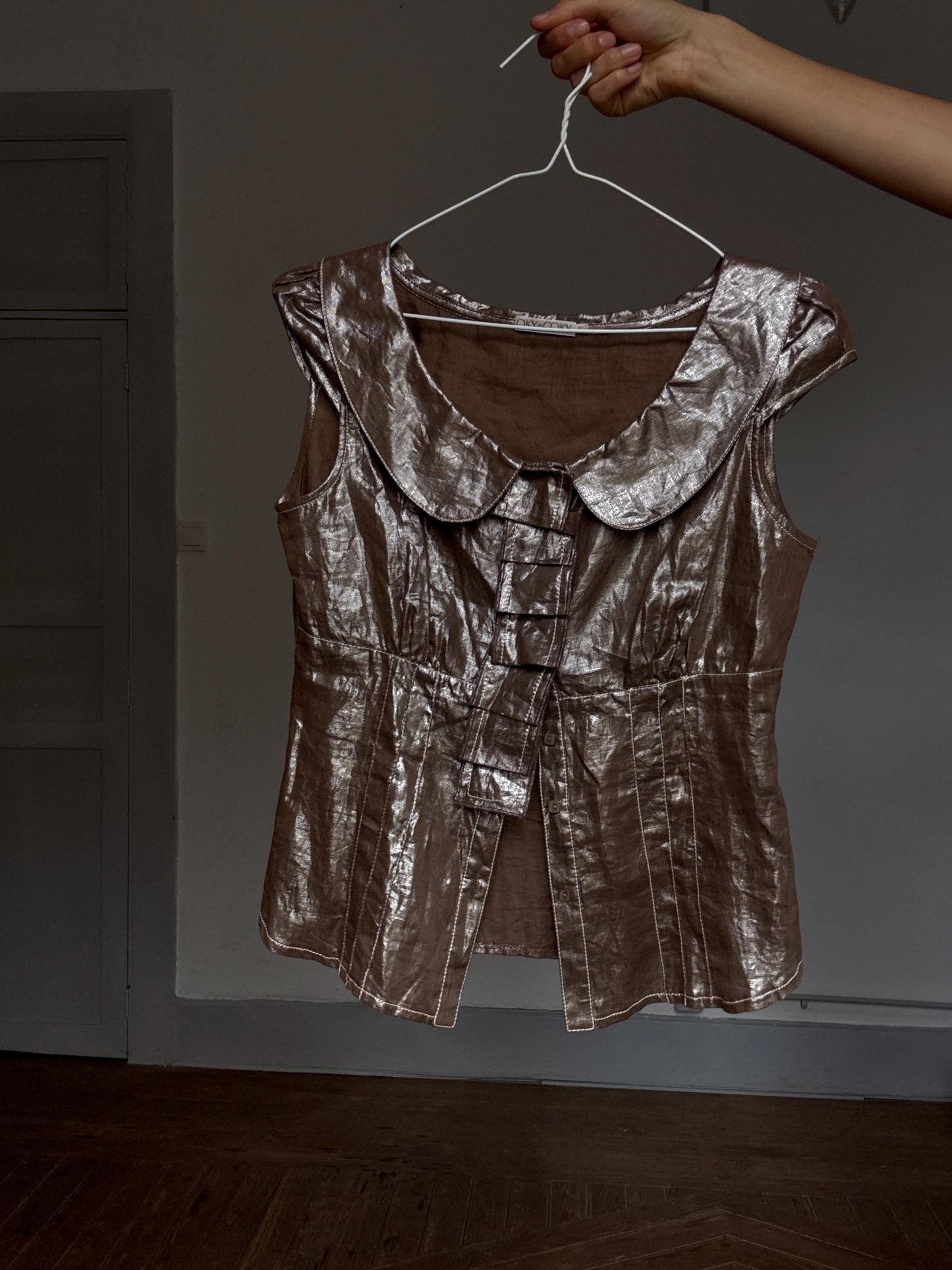 Vintage OKY COKY Shimmer Blouse | Peter Pan Collar & Ruffle Front | Made in Spain | Size S