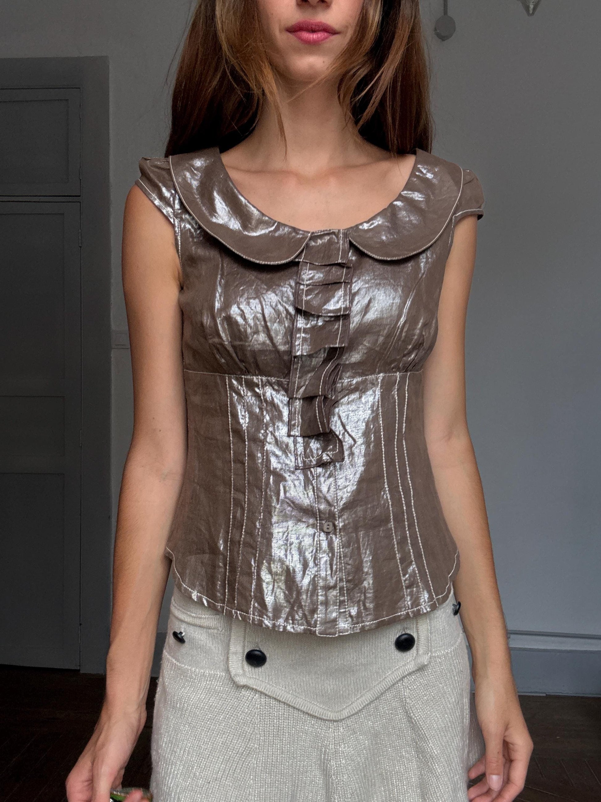 Vintage OKY COKY Shimmer Blouse | Peter Pan Collar & Ruffle Front | Made in Spain | Size S