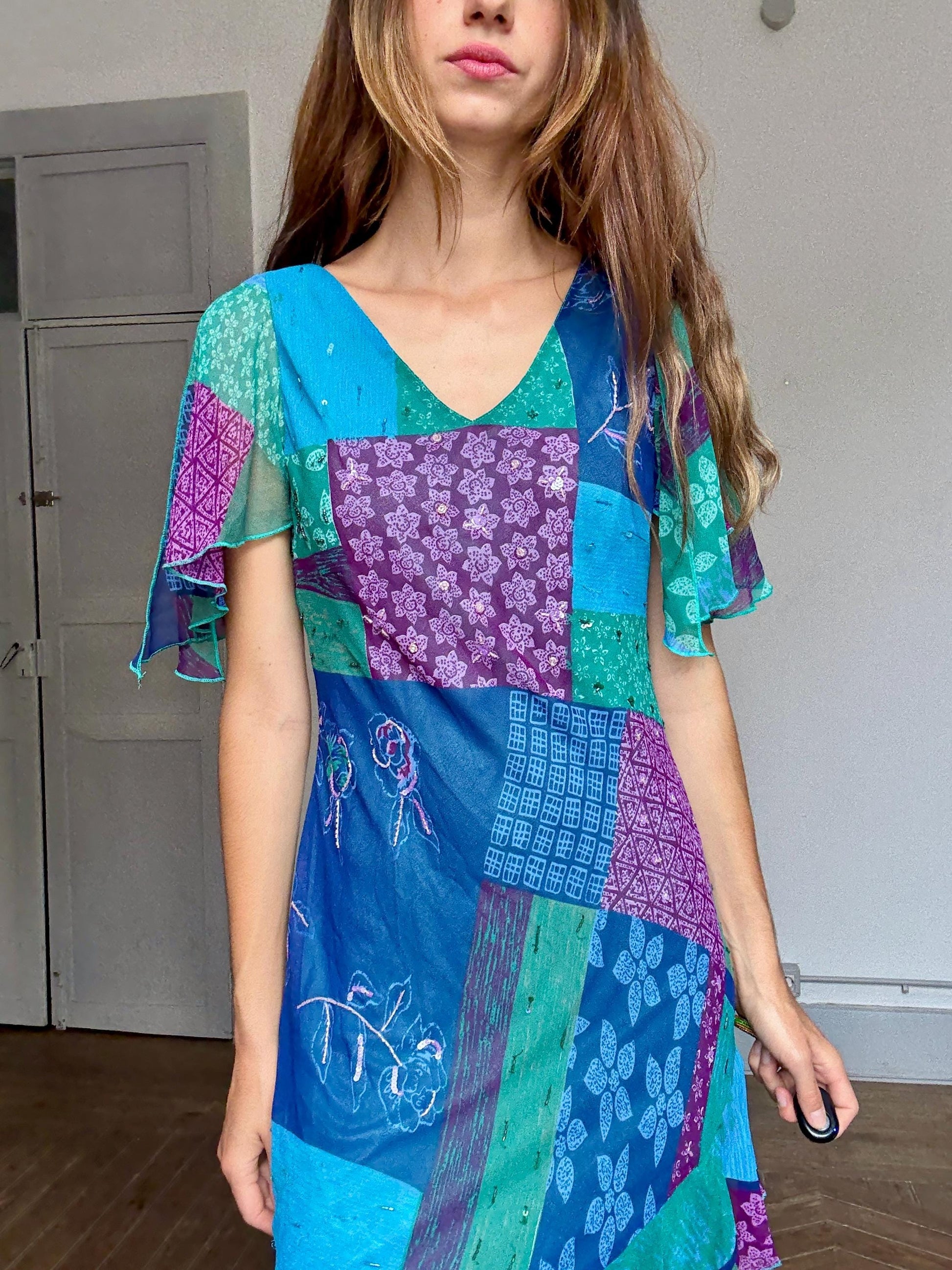 Vintage Boho Patchwork Sequin Maxi Dress – 90s Kharisma Colorful Ruffle Hem Gown – Festival Fairycore Size M/L