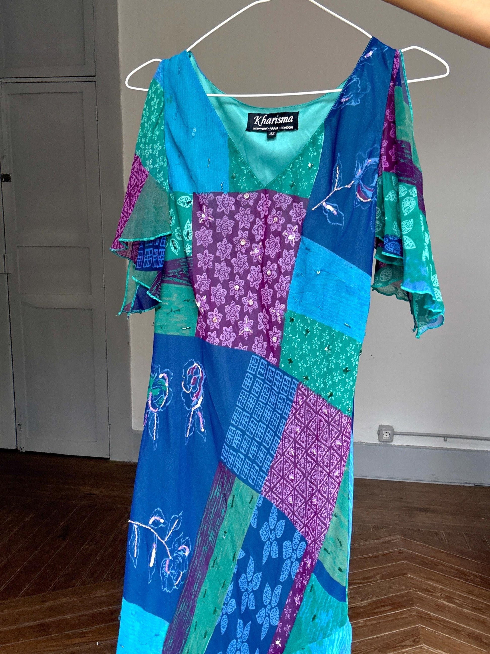 Vintage Boho Patchwork Sequin Maxi Dress – 90s Kharisma Colorful Ruffle Hem Gown – Festival Fairycore Size M/L