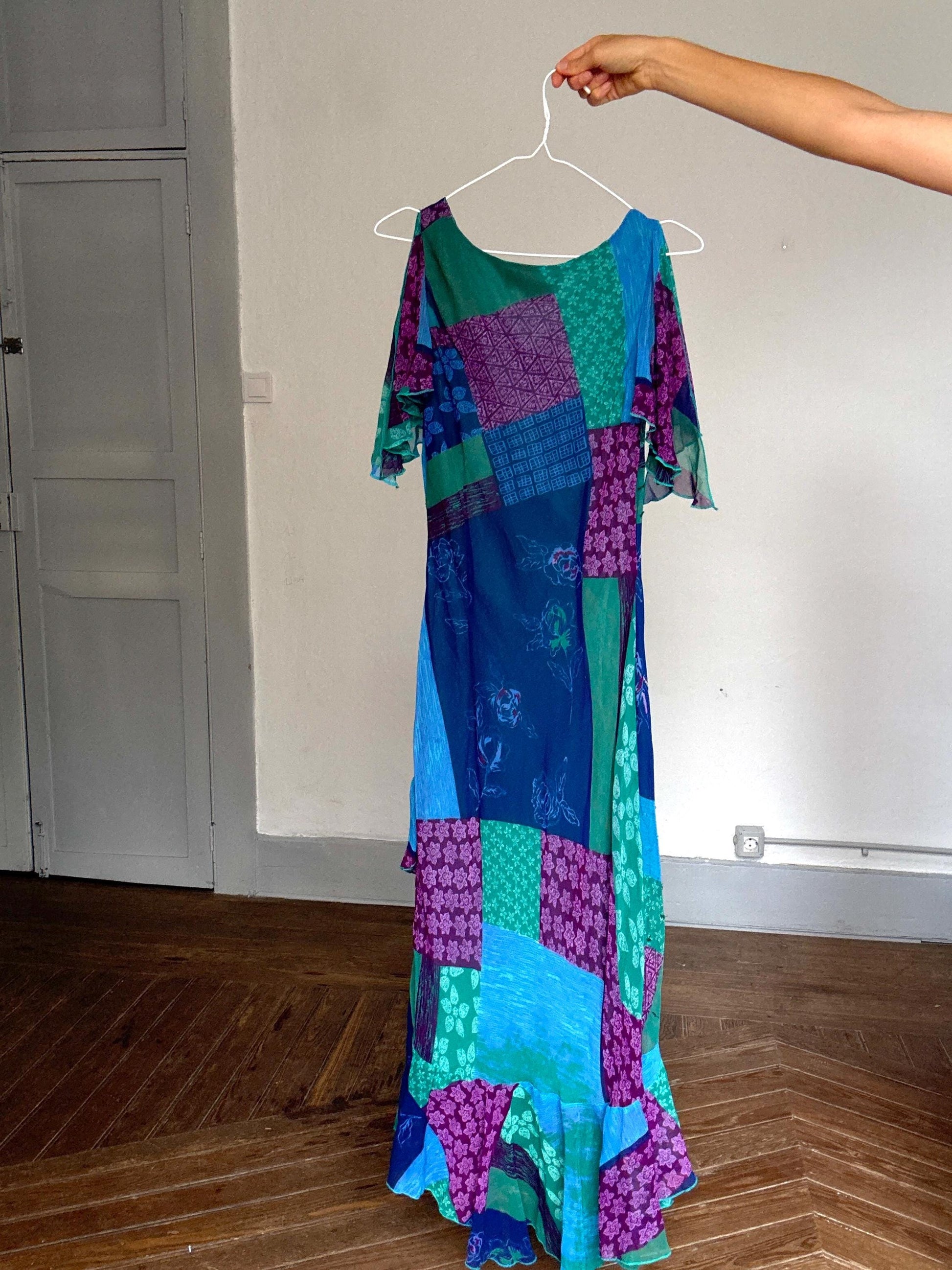 Vintage Boho Patchwork Sequin Maxi Dress – 90s Kharisma Colorful Ruffle Hem Gown – Festival Fairycore Size M/L