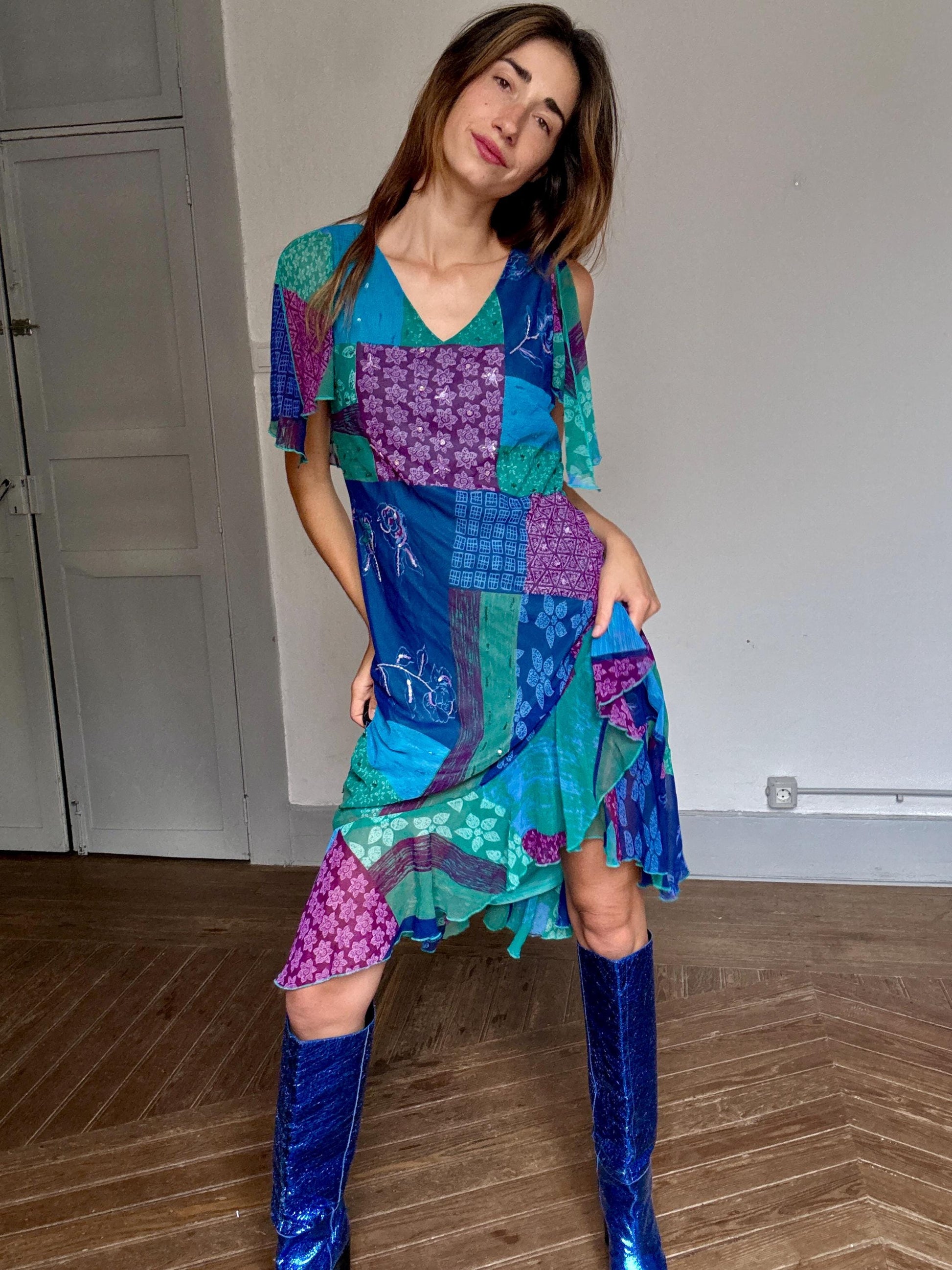 Vintage Boho Patchwork Sequin Maxi Dress – 90s Kharisma Colorful Ruffle Hem Gown – Festival Fairycore Size M/L