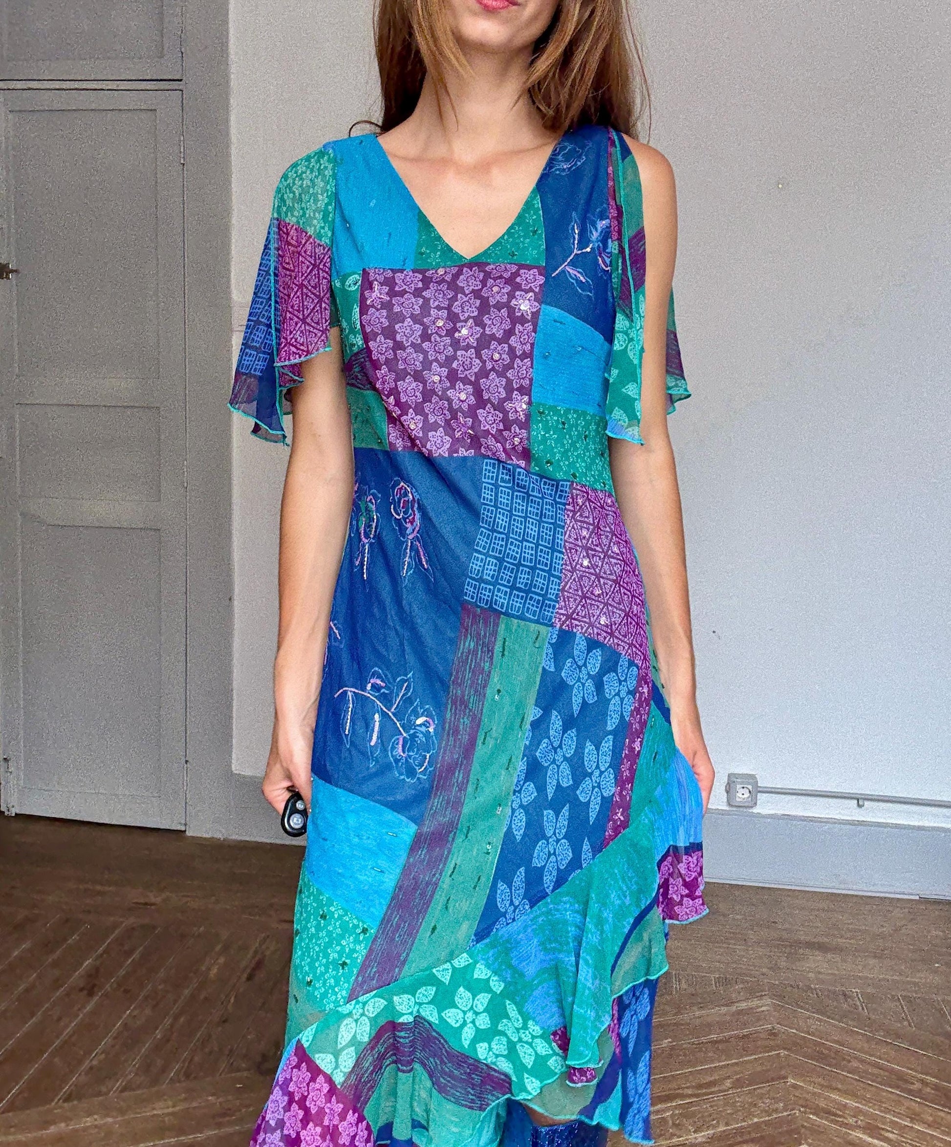 Vintage Boho Patchwork Sequin Maxi Dress – 90s Kharisma Colorful Ruffle Hem Gown – Festival Fairycore Size M/L