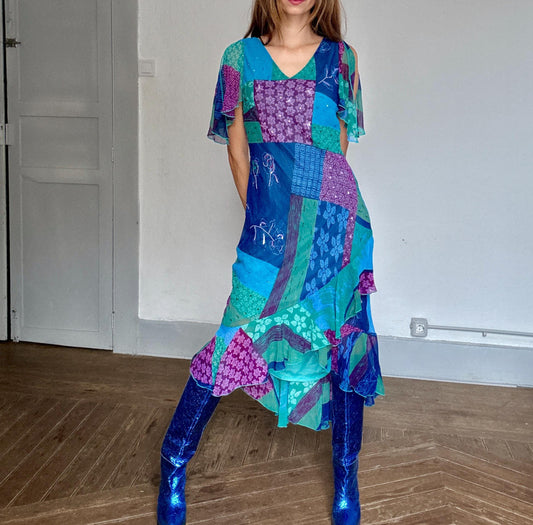 Vintage Boho Patchwork Sequin Maxi Dress – 90s Kharisma Colorful Ruffle Hem Gown – Festival Fairycore Size M/L