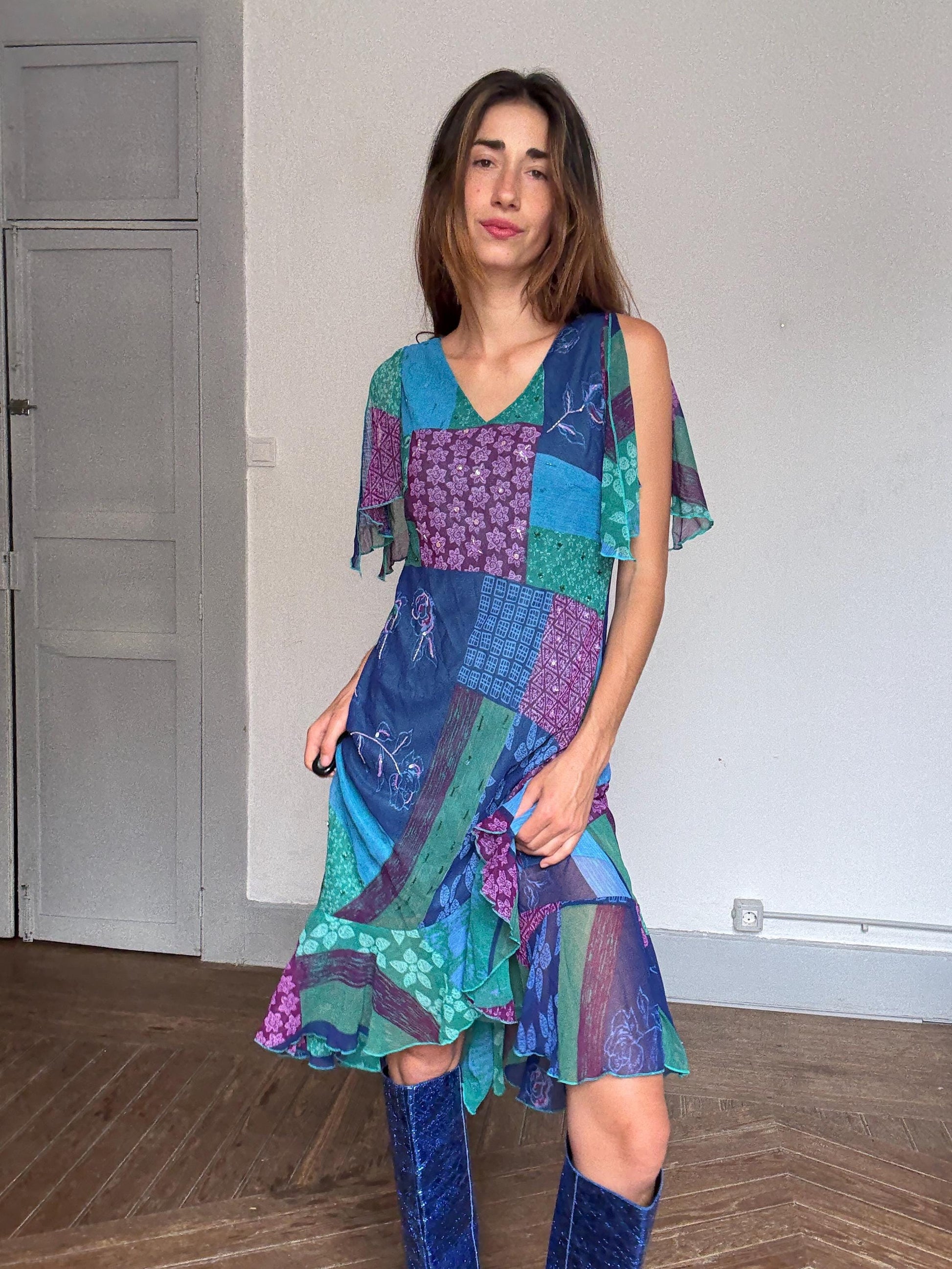 Vintage Boho Patchwork Sequin Maxi Dress – 90s Kharisma Colorful Ruffle Hem Gown – Festival Fairycore Size M/L