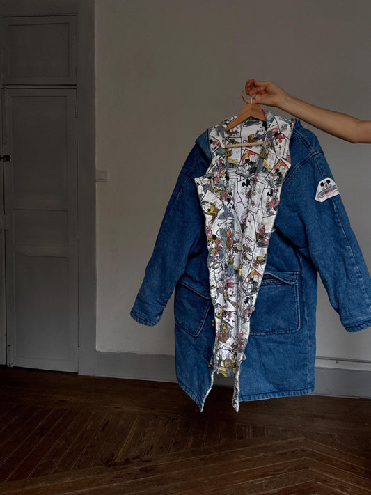 Rare vintage Mickey Mouse duffel coat – heavy cotton denim, cartoon print lining, toggle closure, warm padded Disney outerwear