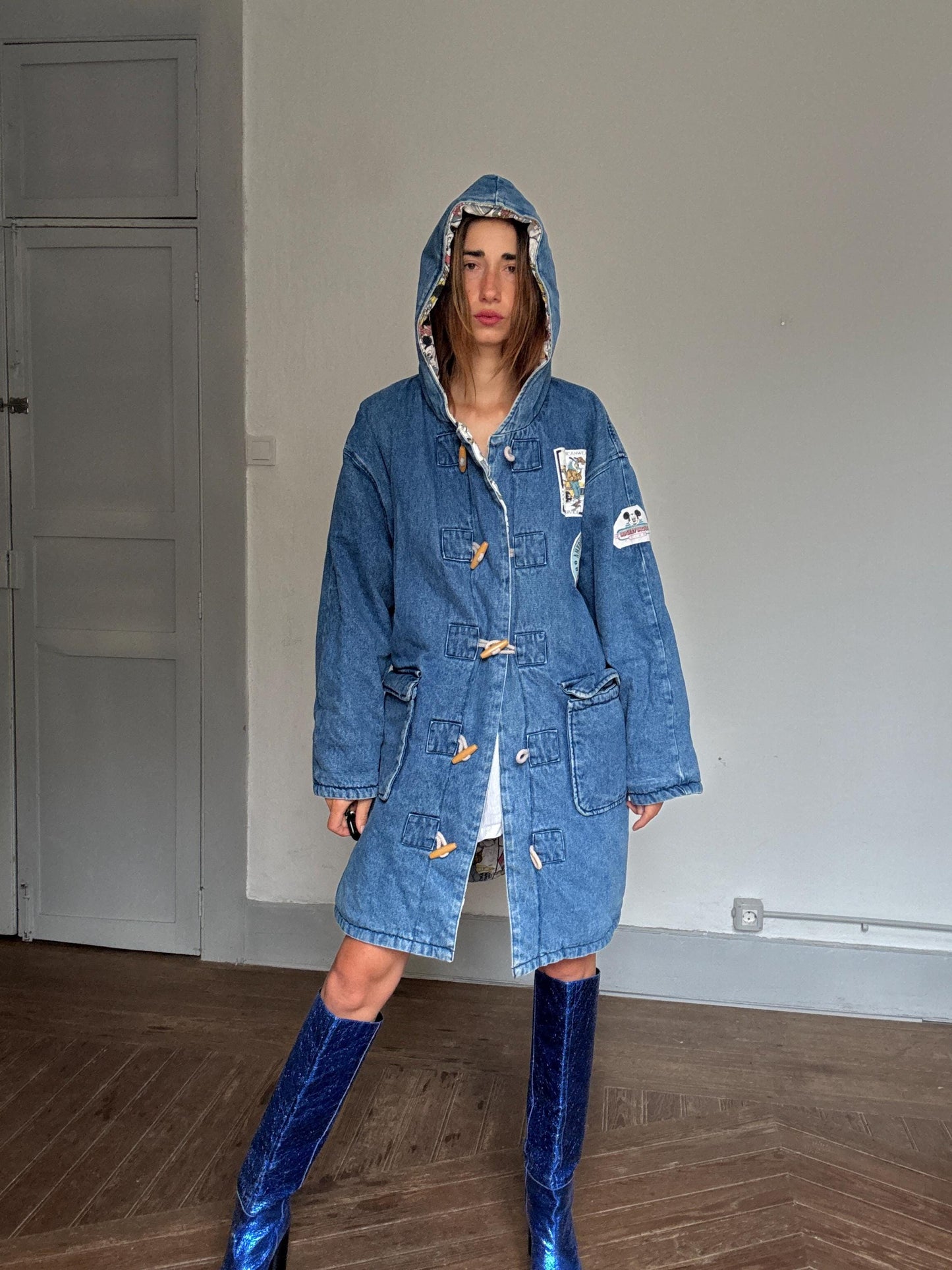 Rare vintage Mickey Mouse duffel coat – heavy cotton denim, cartoon print lining, toggle closure, warm padded Disney outerwear