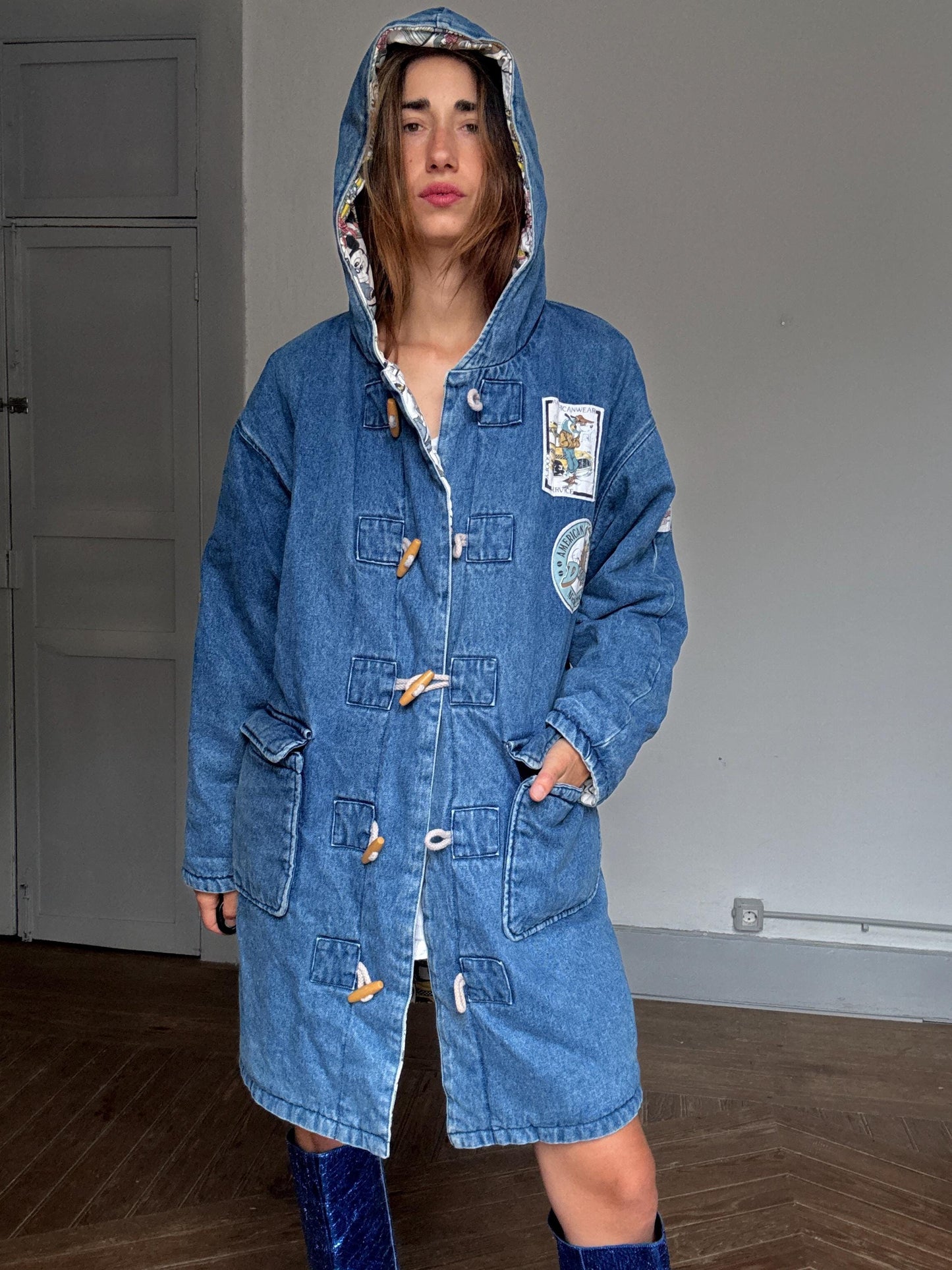 Rare vintage Mickey Mouse duffel coat – heavy cotton denim, cartoon print lining, toggle closure, warm padded Disney outerwear