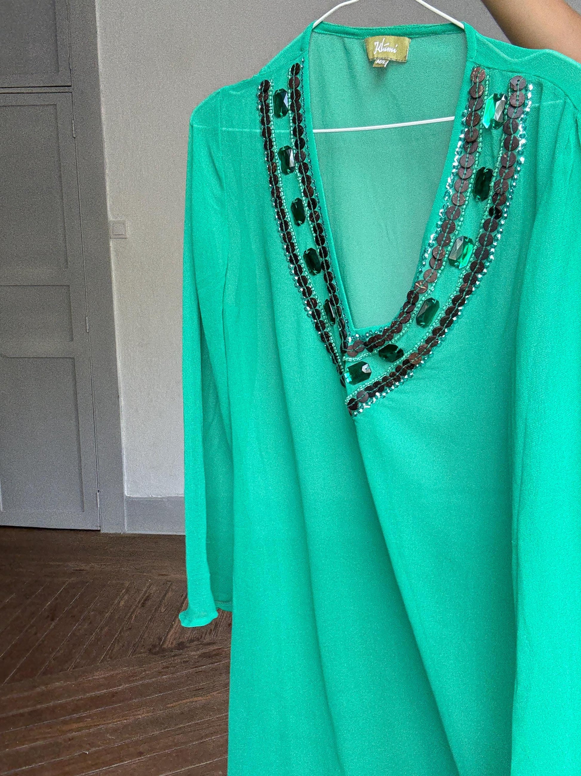 Vintage green sheer tunic dress with deep V neckline – beaded gemstone trim, flowy silhouette, KLUMI, M/L fit, glam beach cover-up