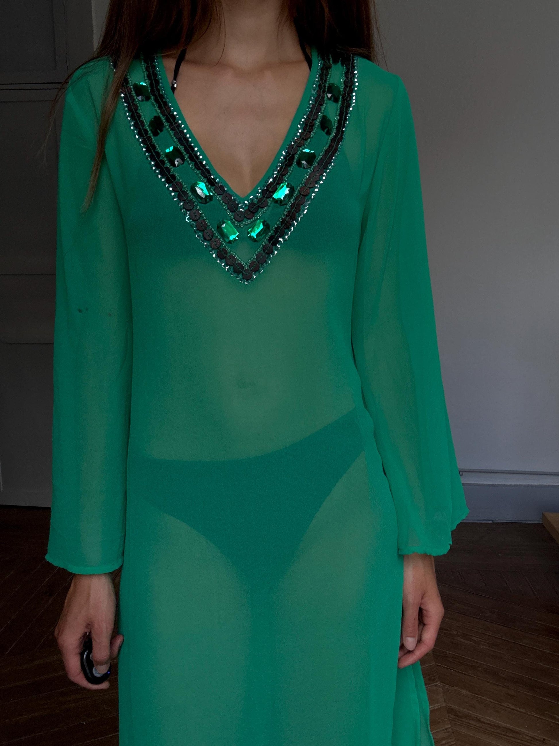 Vintage green sheer tunic dress with deep V neckline – beaded gemstone trim, flowy silhouette, KLUMI, M/L fit, glam beach cover-up