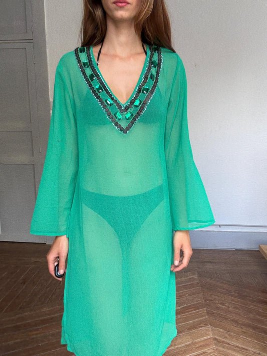 Vintage green sheer tunic dress with deep V neckline – beaded gemstone trim, flowy silhouette, KLUMI, M/L fit, glam beach cover-up