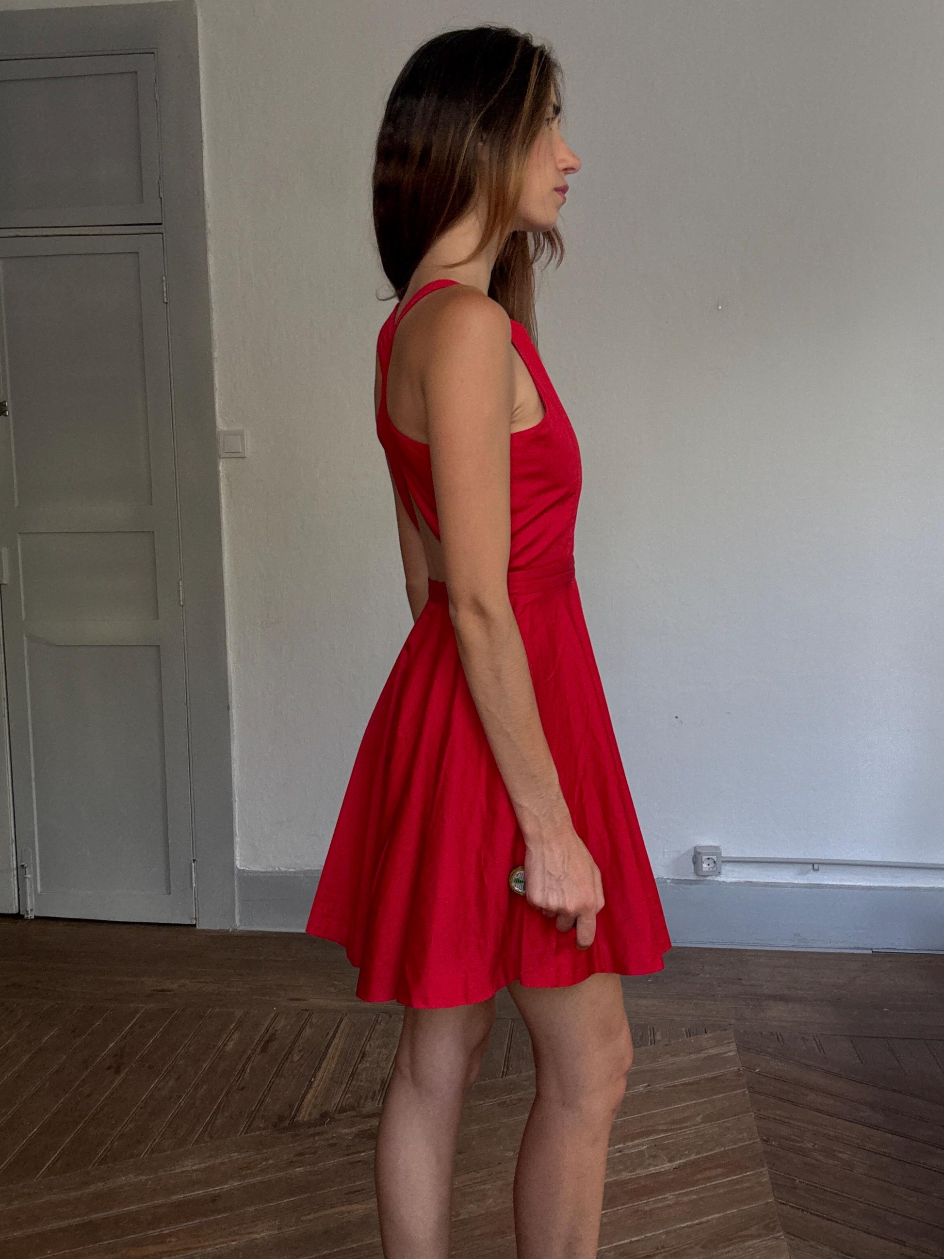 Polo Ralph Lauren red fit & flare dress – US 16, criss-cross back, sleeveless, 100% cotton, bold open-back mini