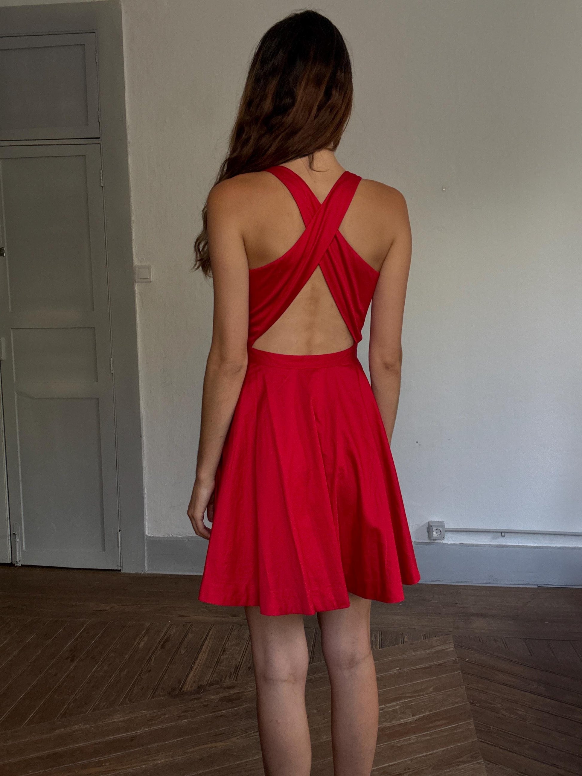 Polo Ralph Lauren red fit & flare dress – US 16, criss-cross back, sleeveless, 100% cotton, bold open-back mini