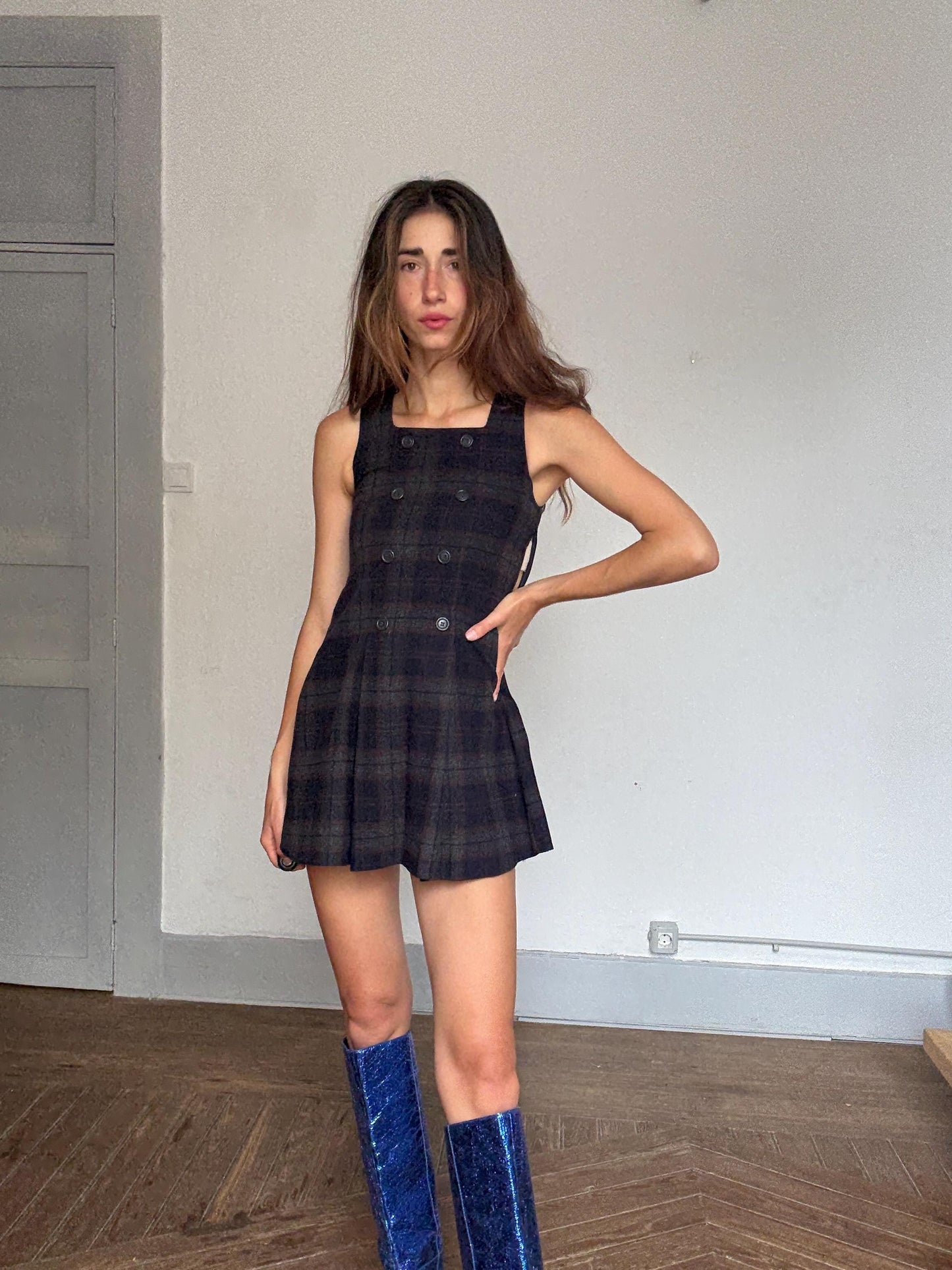 Vintage Wool Plaid Mini Dress – Dark Academia Pinafore Look | Girls Roots by On The Road | Gossip Girl Aesthetic | Petite Fit, Made in Spain