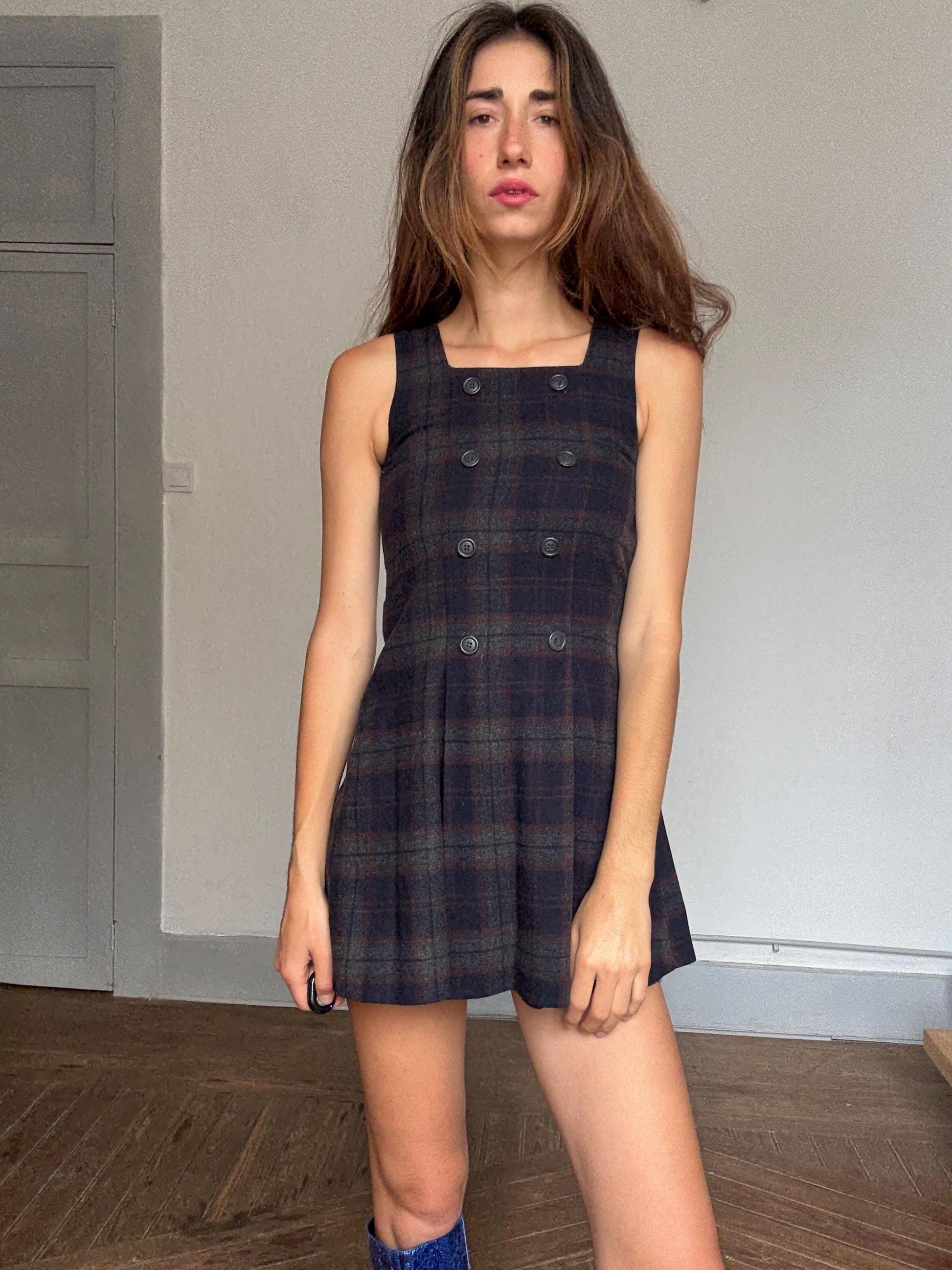 Vintage Wool Plaid Mini Dress – Dark Academia Pinafore Look | Girls Roots by On The Road | Gossip Girl Aesthetic | Petite Fit, Made in Spain