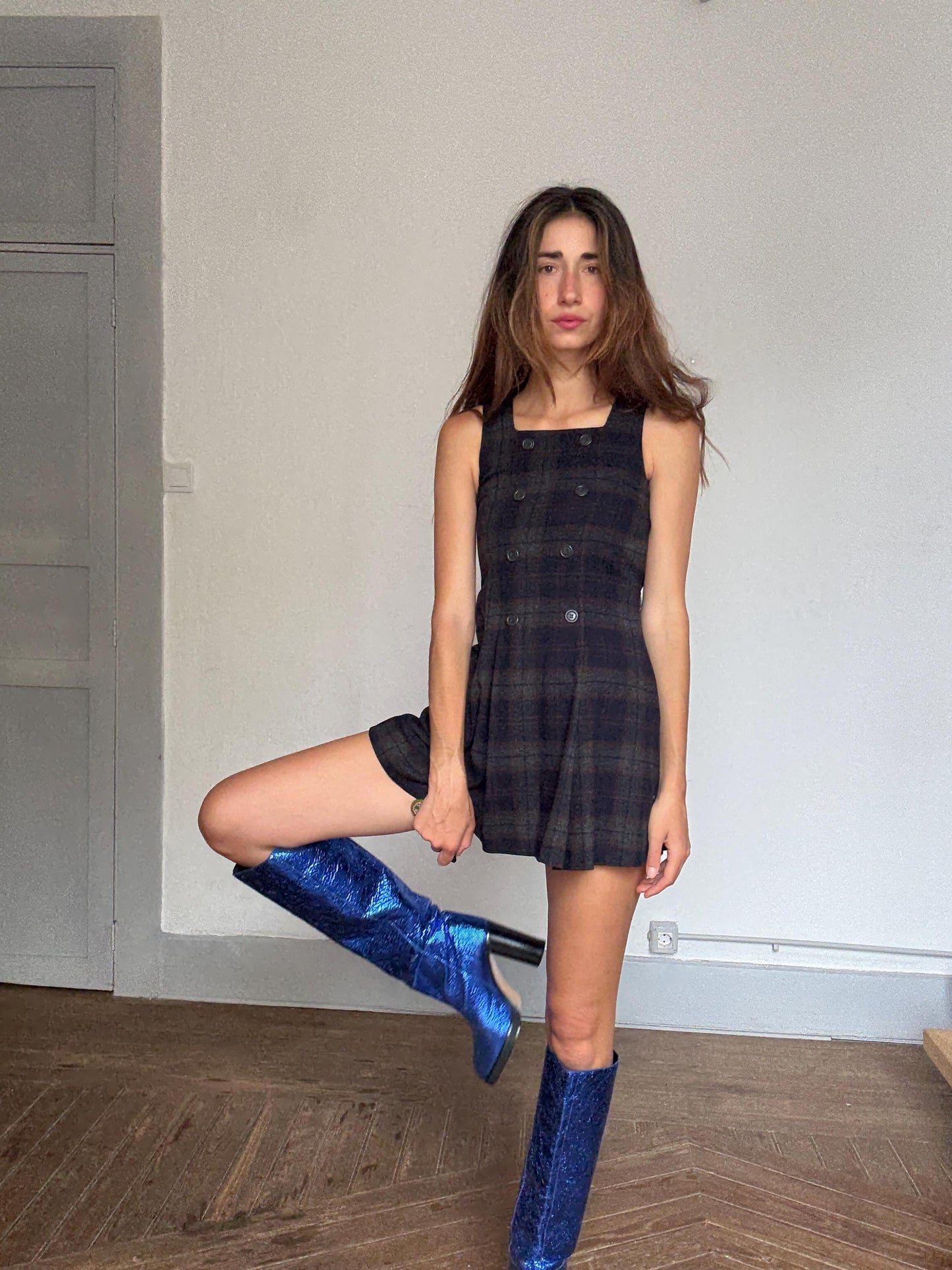 Vintage Wool Plaid Mini Dress – Dark Academia Pinafore Look | Girls Roots by On The Road | Gossip Girl Aesthetic | Petite Fit, Made in Spain