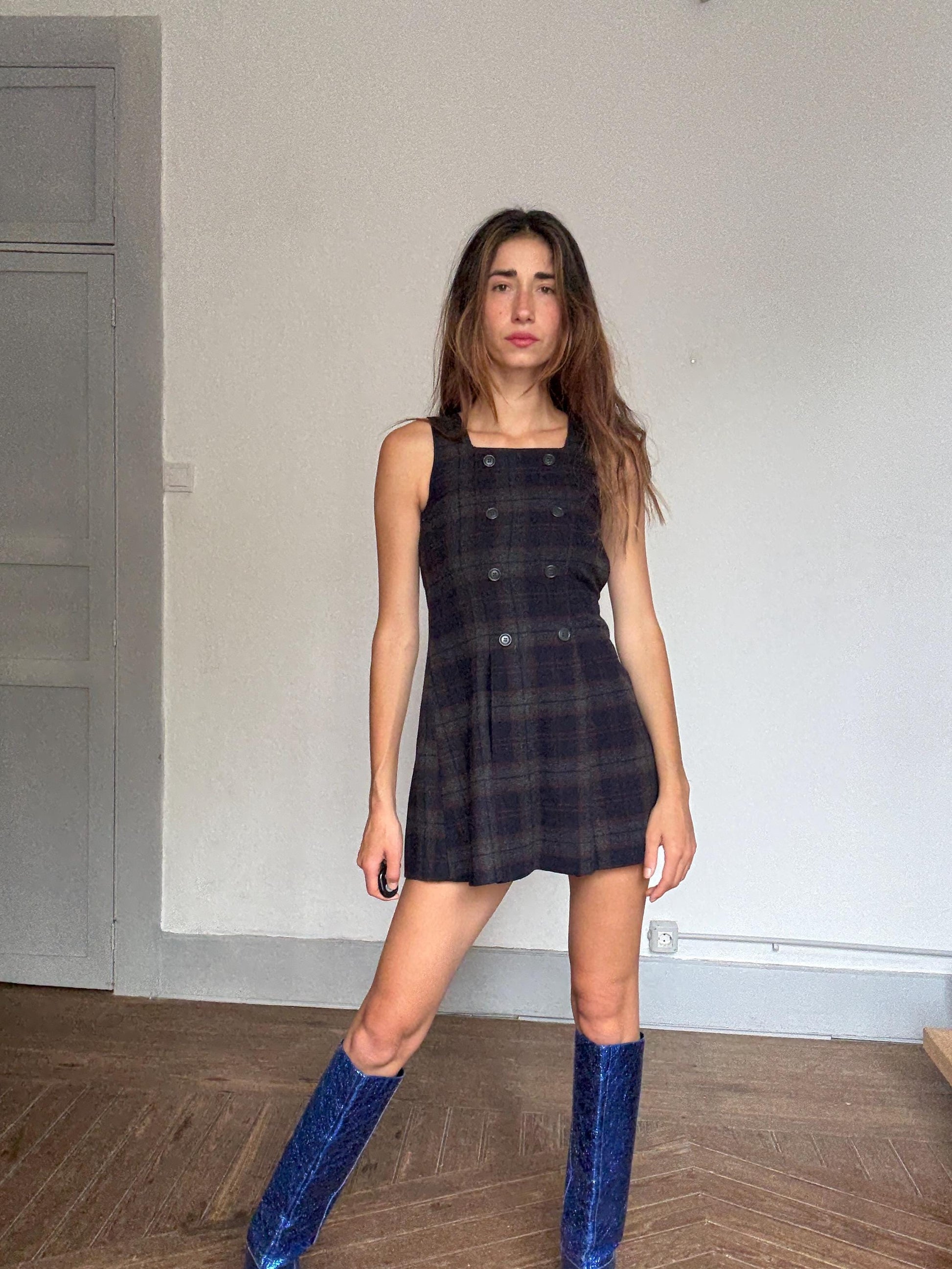 Vintage Wool Plaid Mini Dress – Dark Academia Pinafore Look | Girls Roots by On The Road | Gossip Girl Aesthetic | Petite Fit, Made in Spain