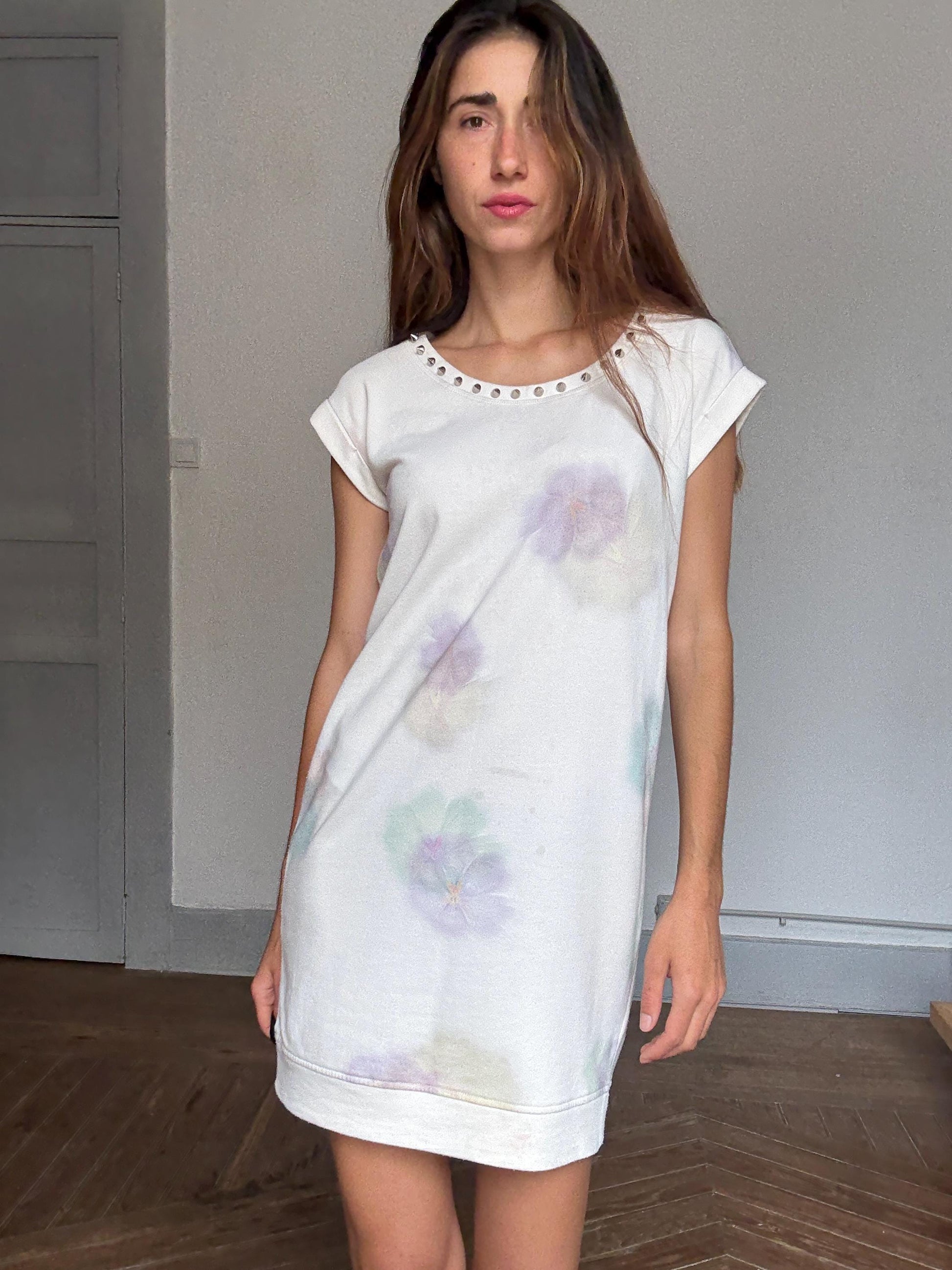 Floral Sweatshirt Dress With Studded Neckline — additional view 7