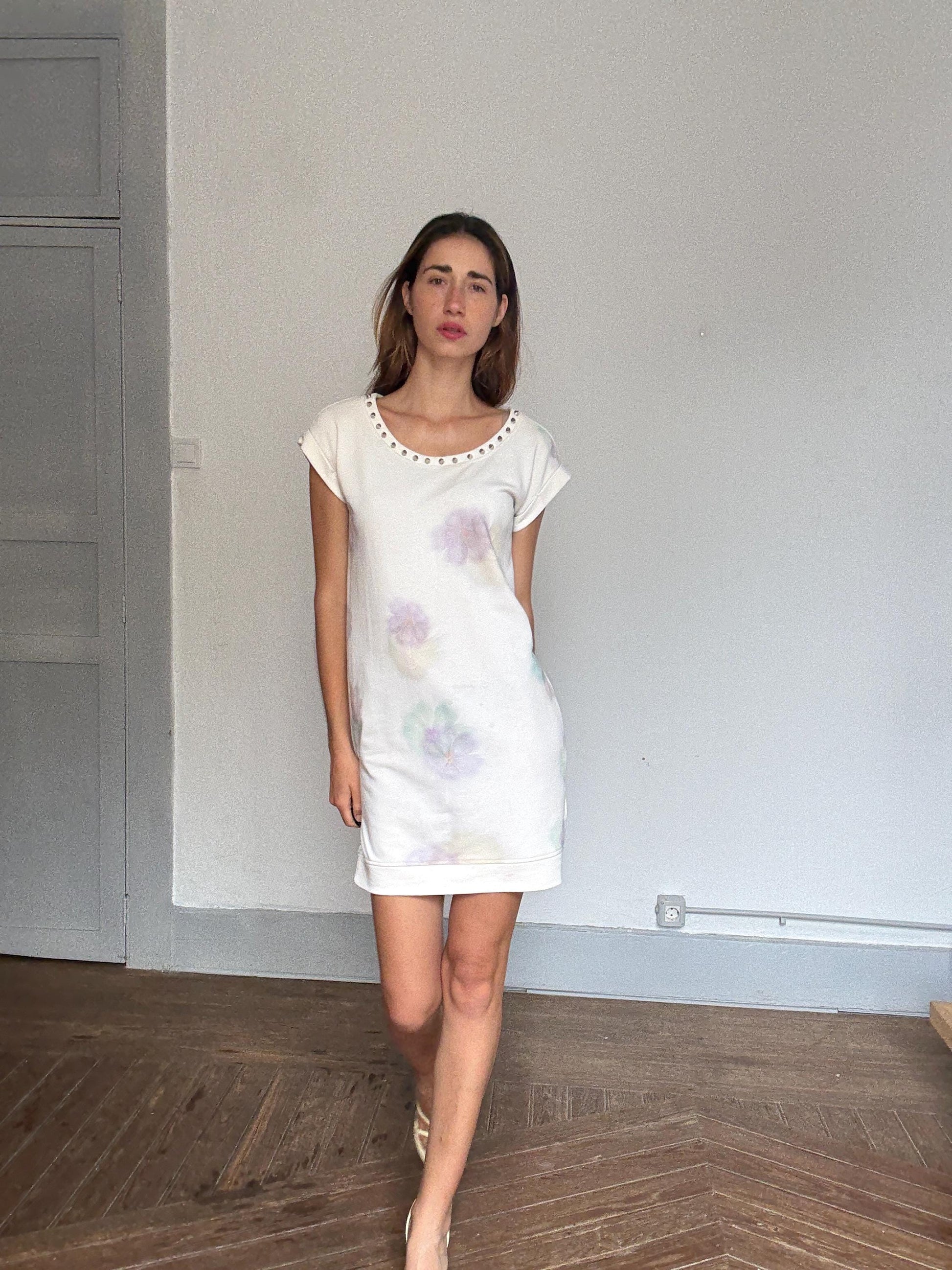 Floral Sweatshirt Dress With Studded Neckline — back view
