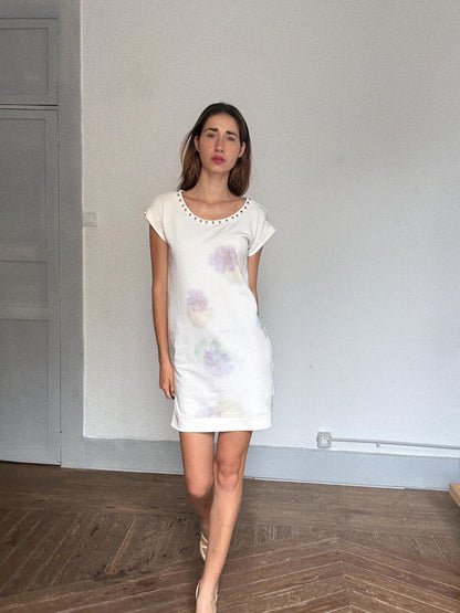 Floral Sweatshirt Dress With Studded Neckline — back view
