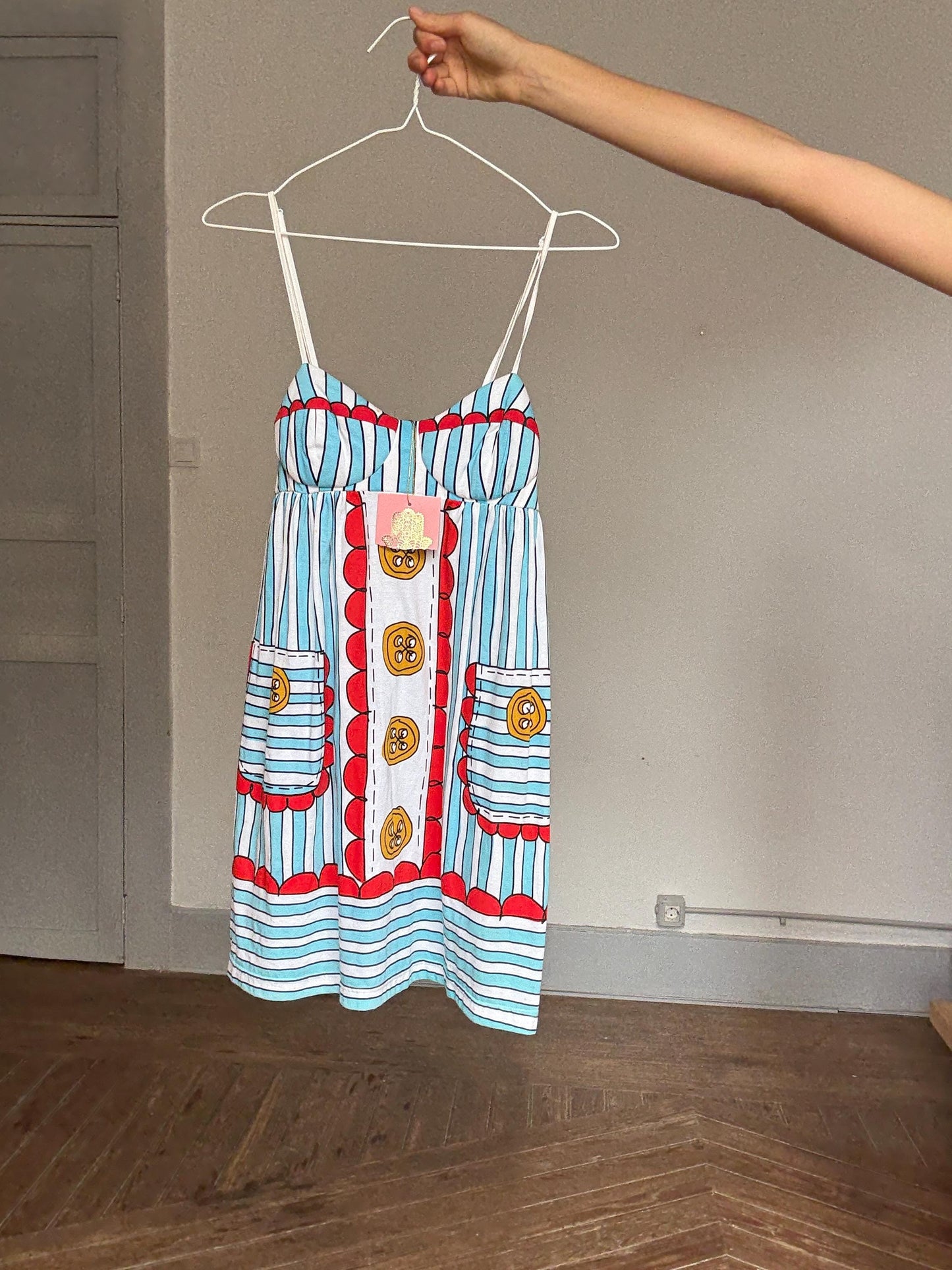 Manoush Designer Mini Dress, Playful Striped Print Cotton Sundress | Indie French Style | Emily in Paris Vibes, Size S, Rare Statement Piece