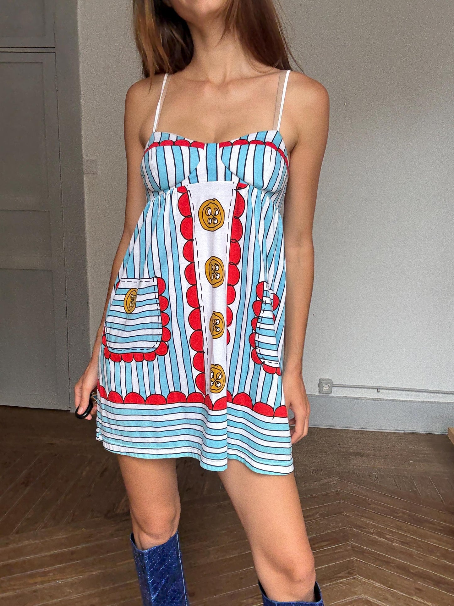 Manoush Designer Mini Dress, Playful Striped Print Cotton Sundress | Indie French Style | Emily in Paris Vibes, Size S, Rare Statement Piece