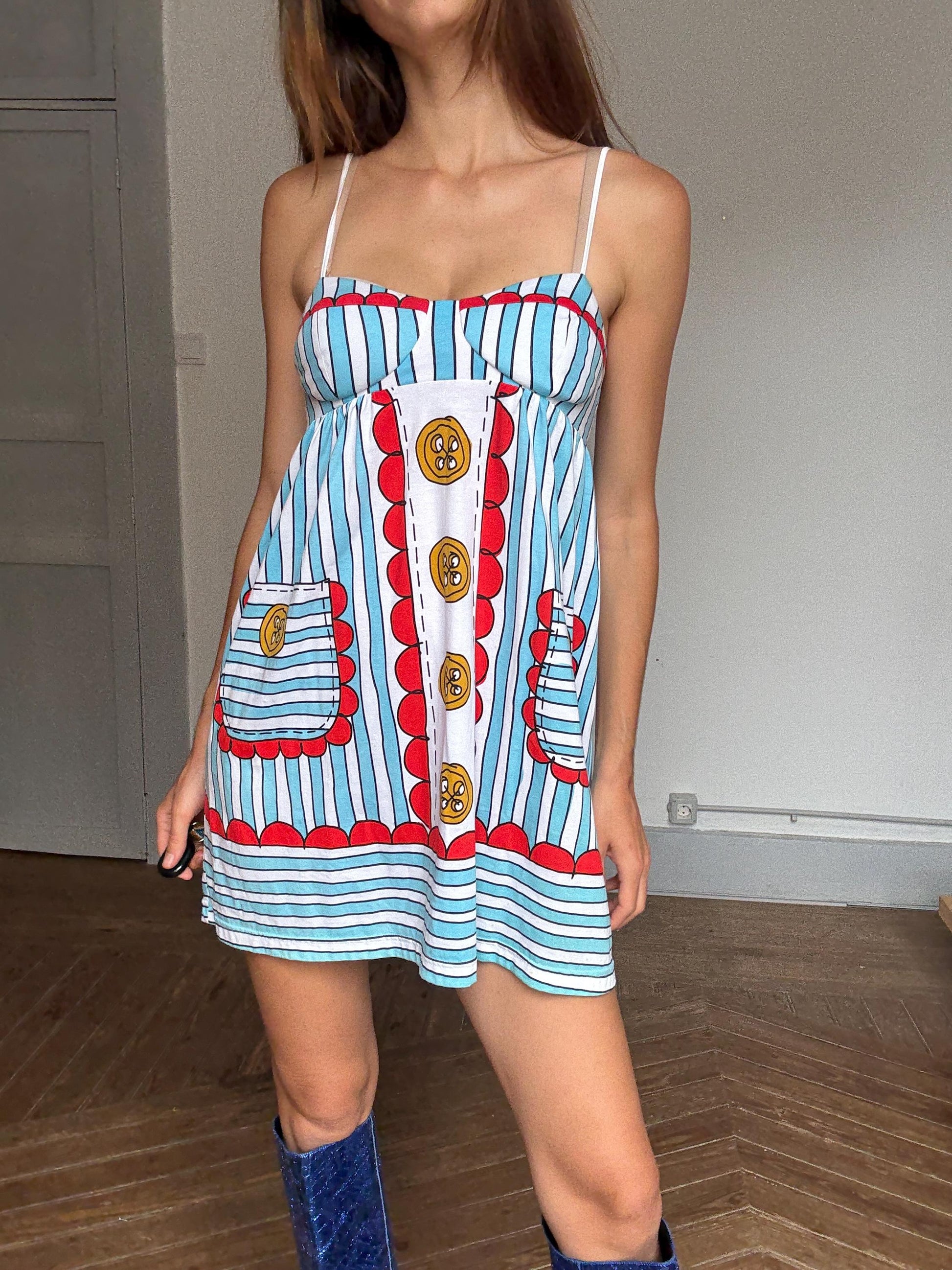 Manoush Designer Mini Dress, Playful Striped Print Cotton Sundress | Indie French Style | Emily in Paris Vibes, Size S, Rare Statement Piece