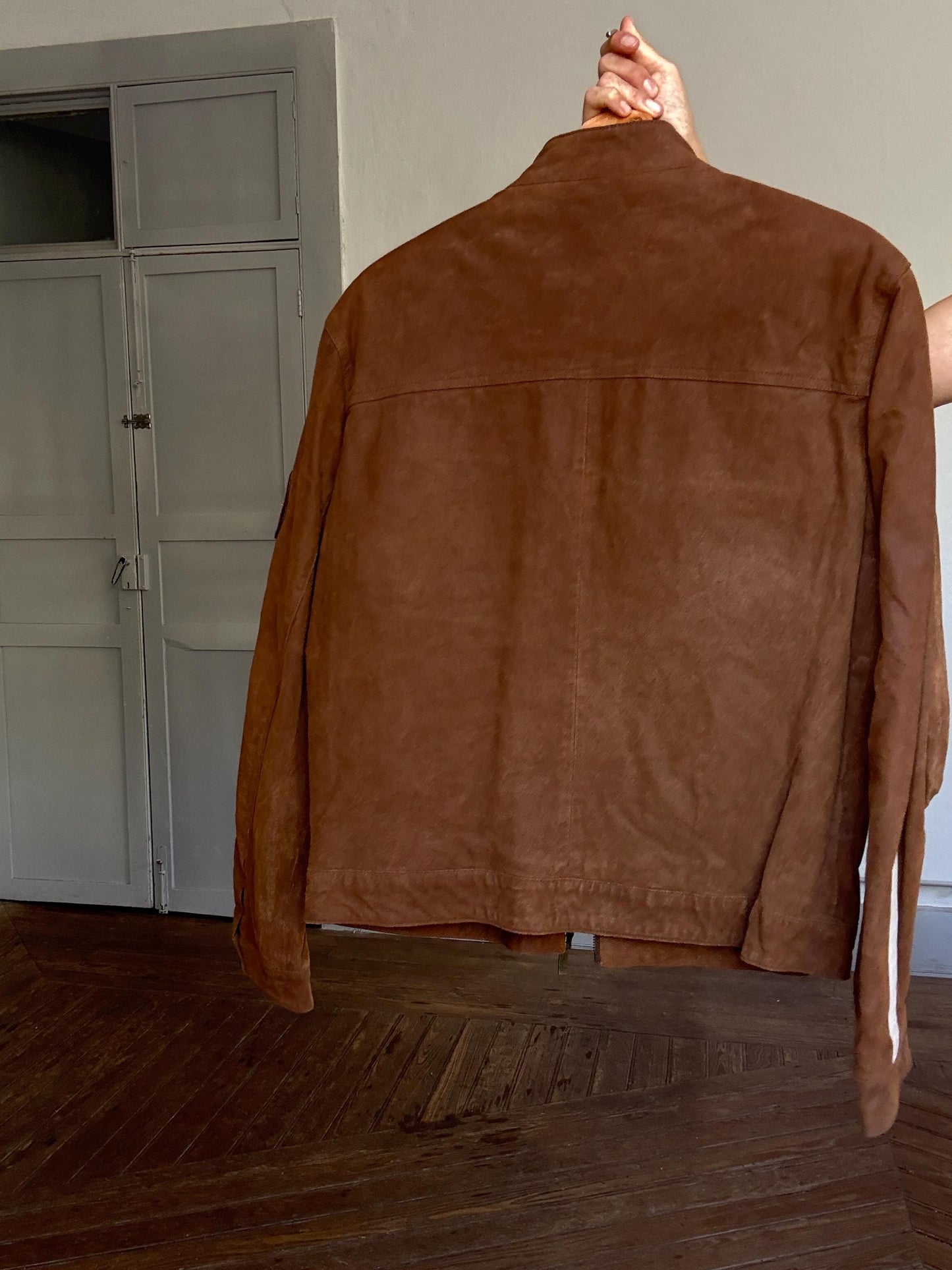 Vintage brown racing leather jacket – size 50, real pigskin, moto patches, 4 outer pockets, retro unisex streetwear