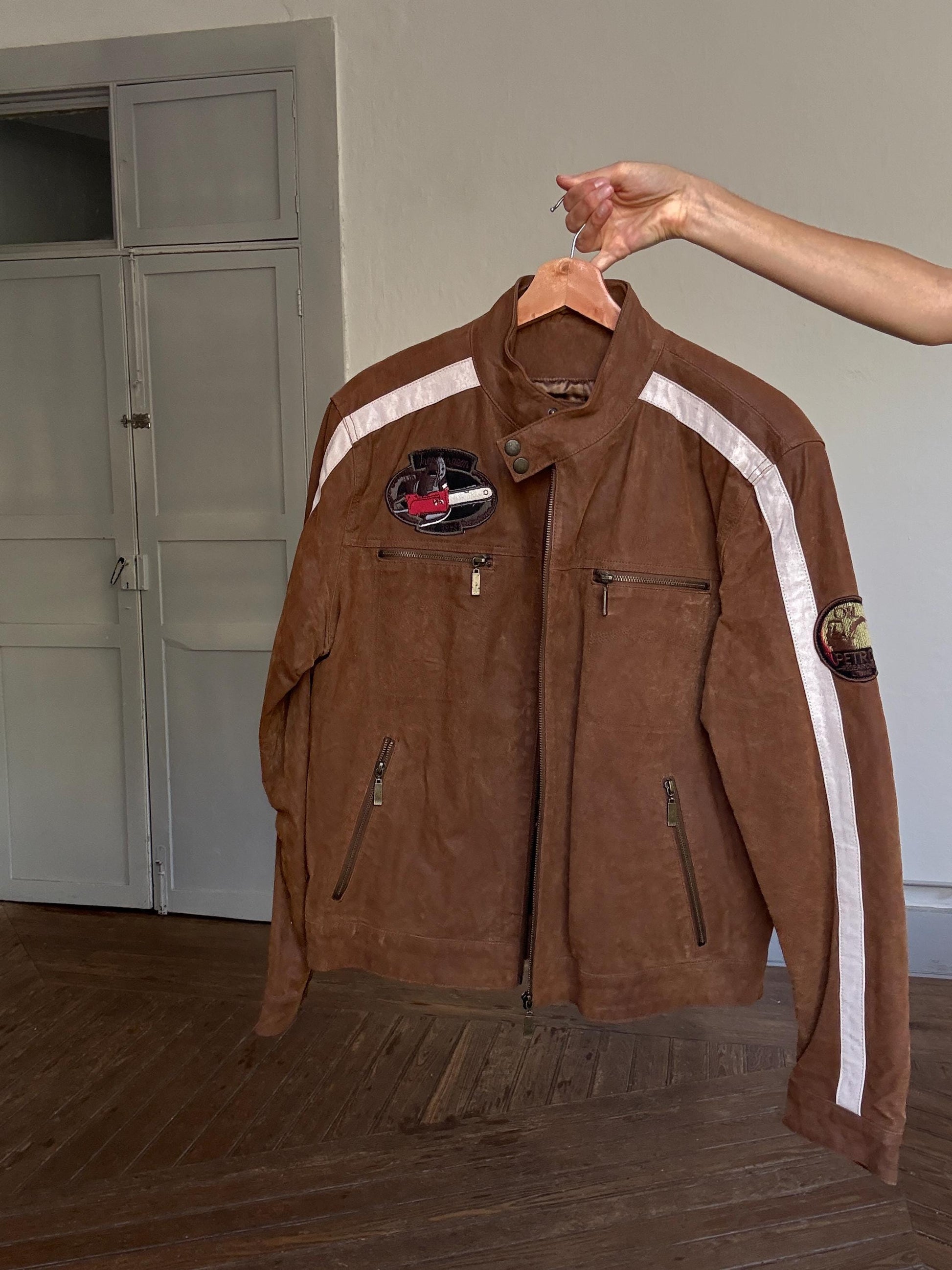 Vintage brown racing leather jacket – size 50, real pigskin, moto patches, 4 outer pockets, retro unisex streetwear