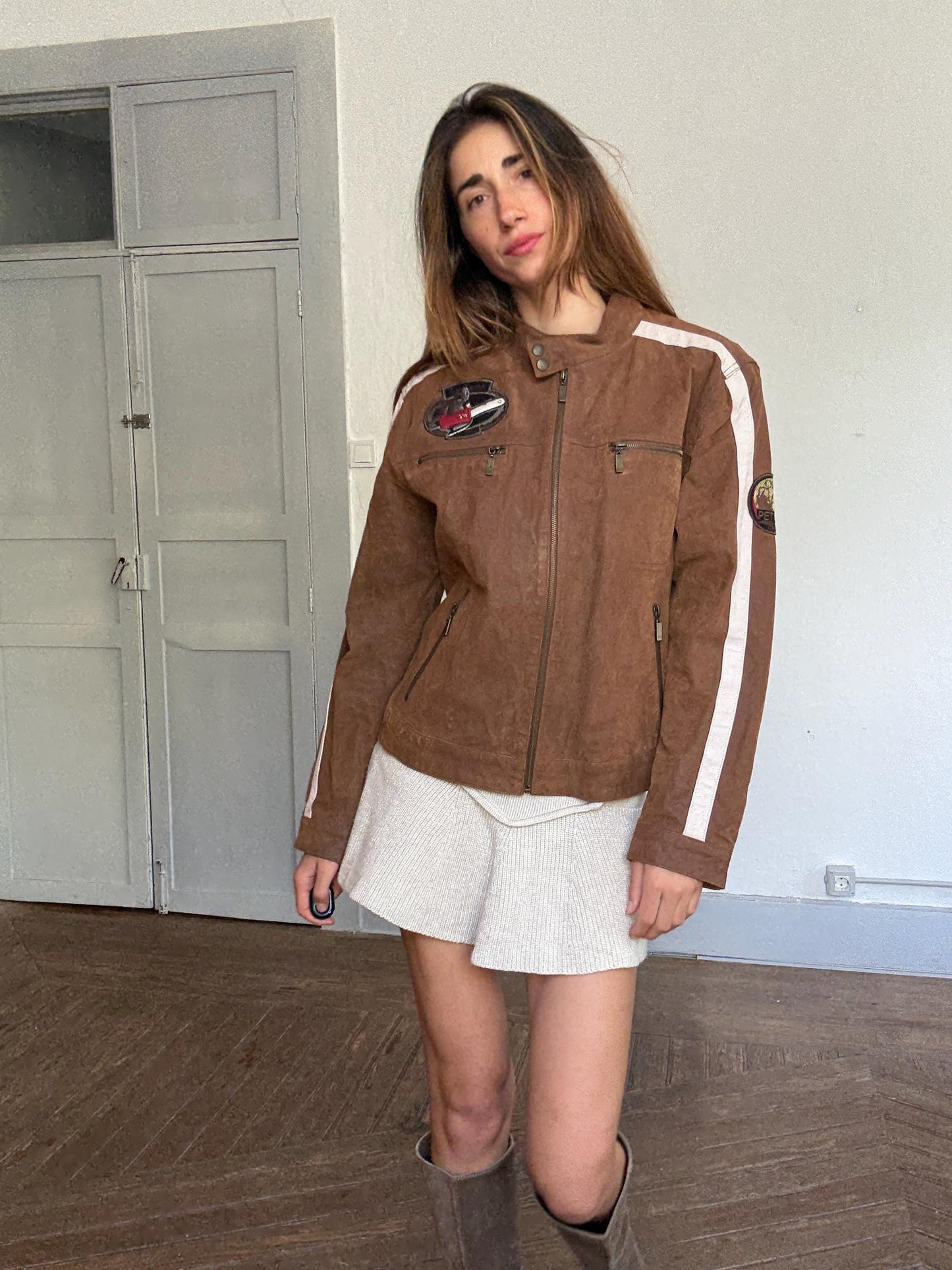 Vintage brown racing leather jacket – size 50, real pigskin, moto patches, 4 outer pockets, retro unisex streetwear