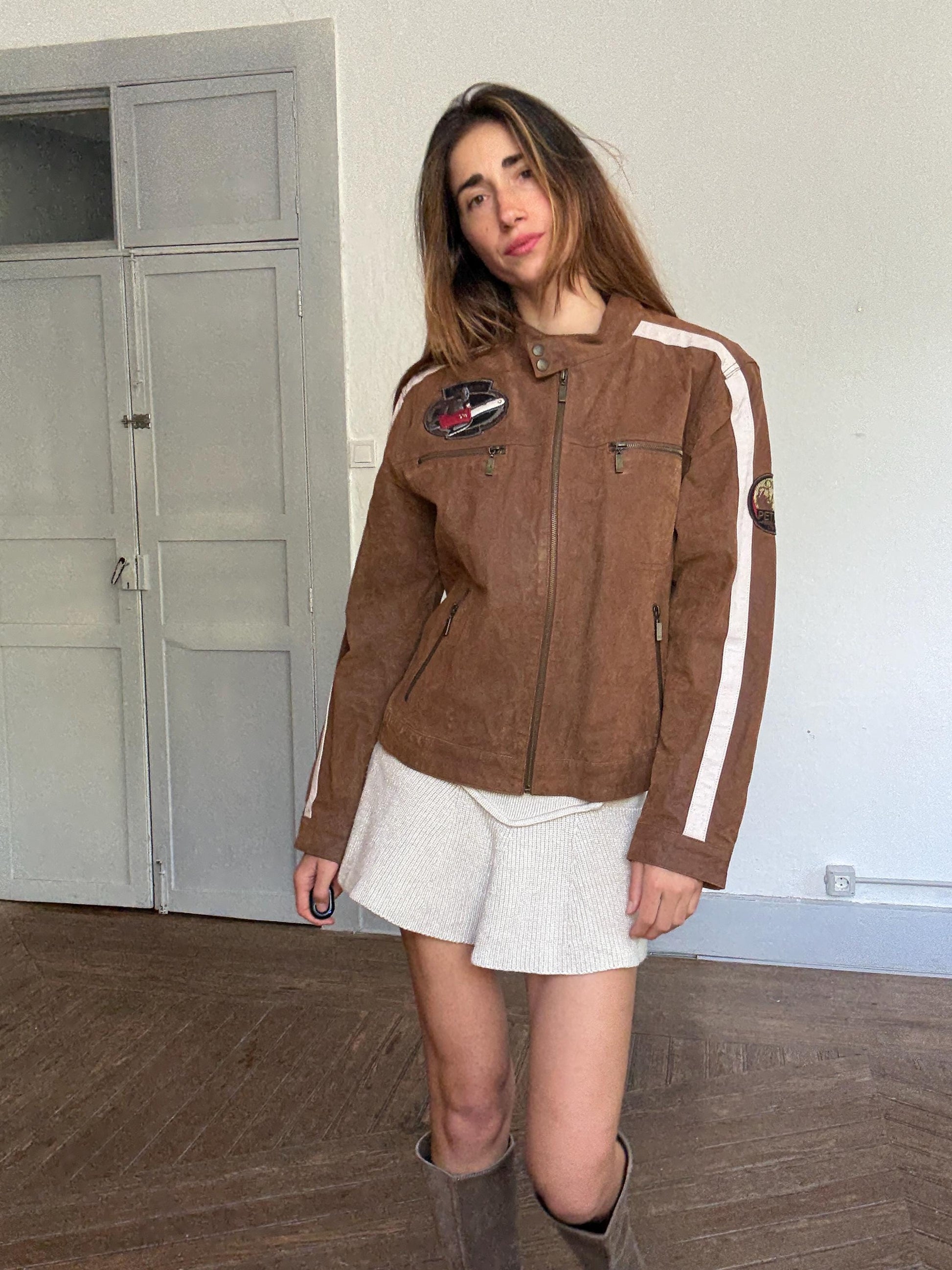 Vintage brown racing leather jacket – size 50, real pigskin, moto patches, 4 outer pockets, retro unisex streetwear