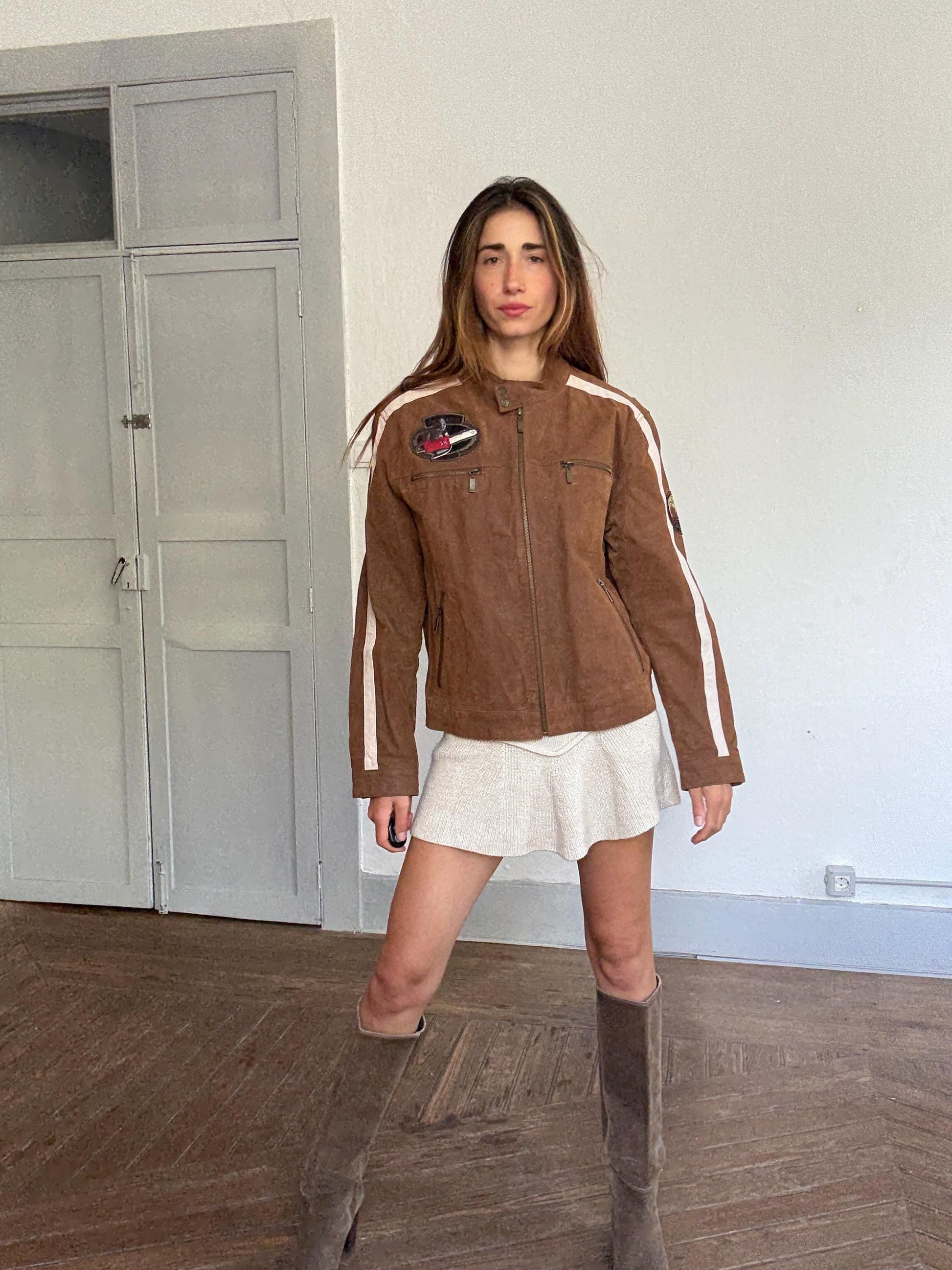 Vintage brown racing leather jacket – size 50, real pigskin, moto patches, 4 outer pockets, retro unisex streetwear