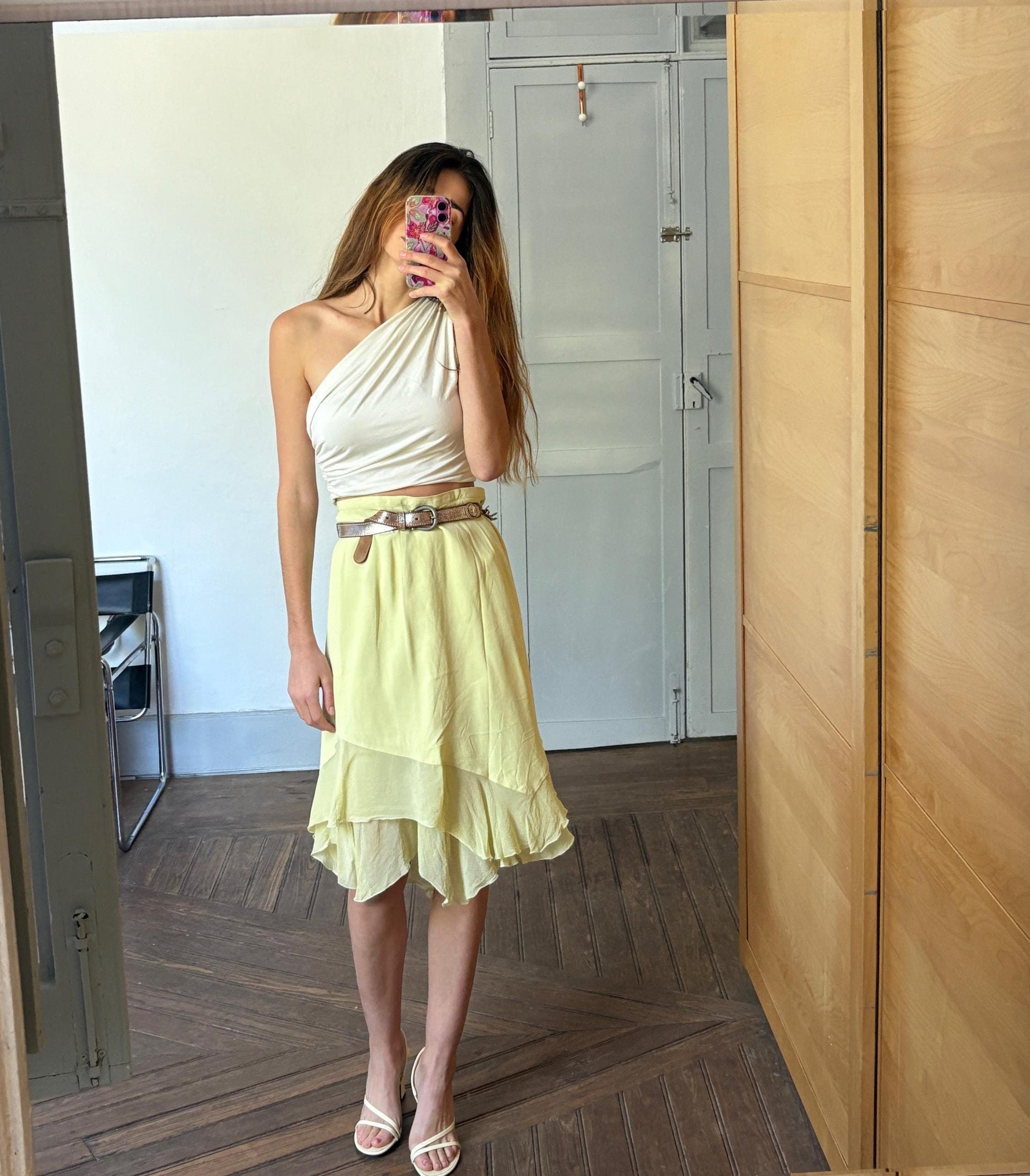 Vintage Marta Palmieri Green Skirt Made in Italy, Plus Size 18 / Dutch 46, High or Low Waist, Flowing Boho Style, Wedding guest skirt, US 18