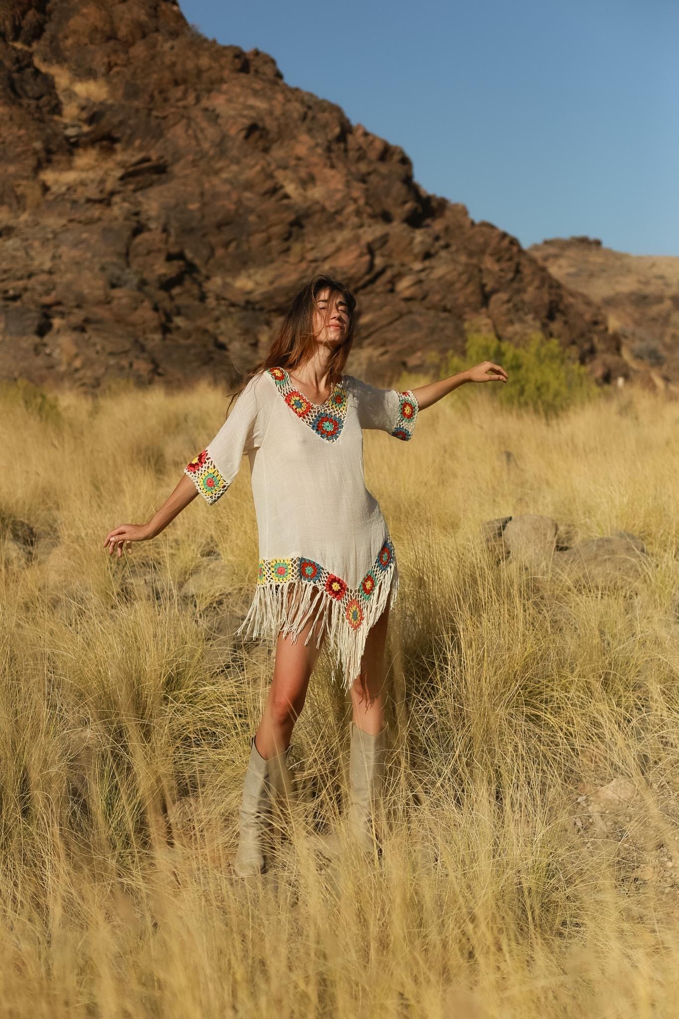 Sheer Boho Fringe Dress with Crochet Granny Square Detail – Festival Tunic Style, Size USA 6–8